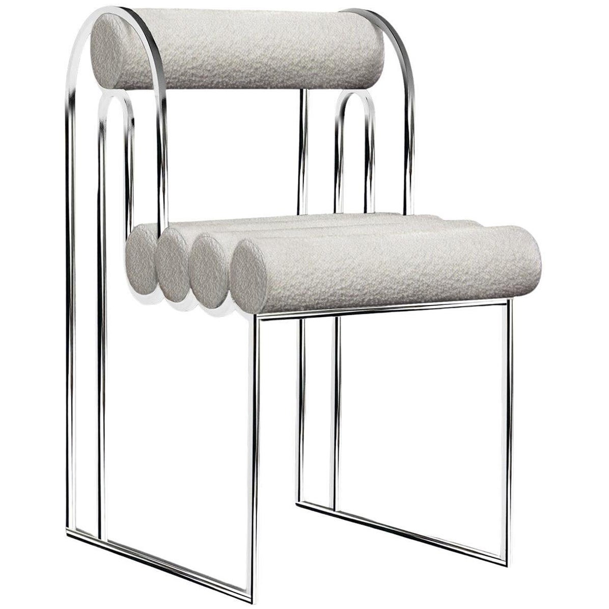 Silla de comedor Apollo, moderna, escultural,  Marco Cromado y Boucle Crema