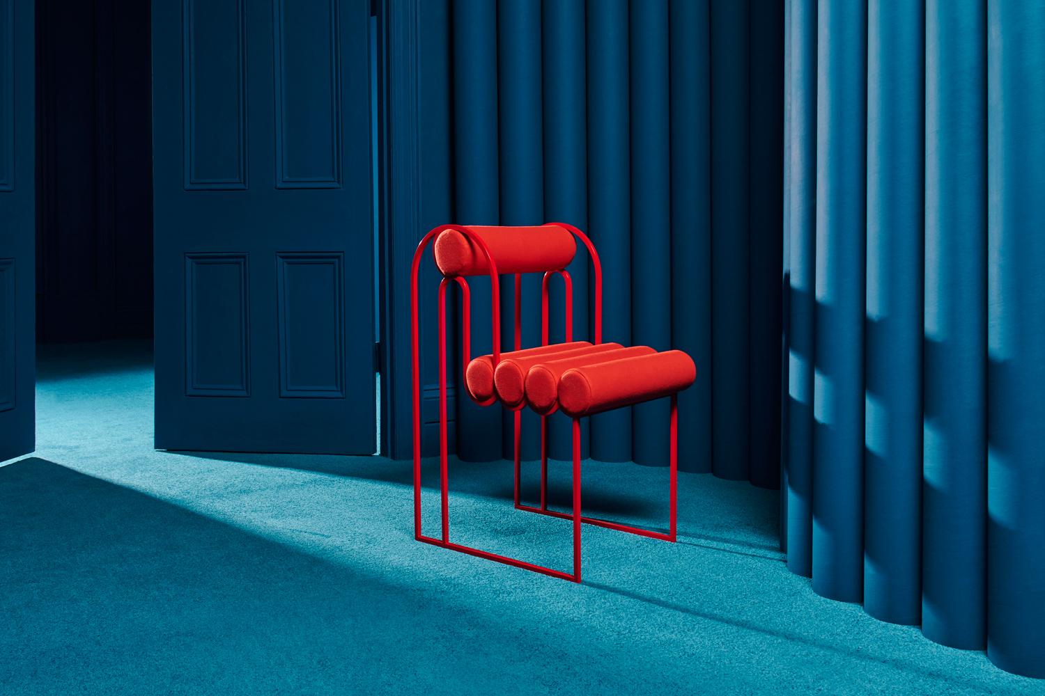 Portuguese Apollo Dinning Chair, Red Coated Steel Frame and Red Wool by Lara Bohinc For Sale