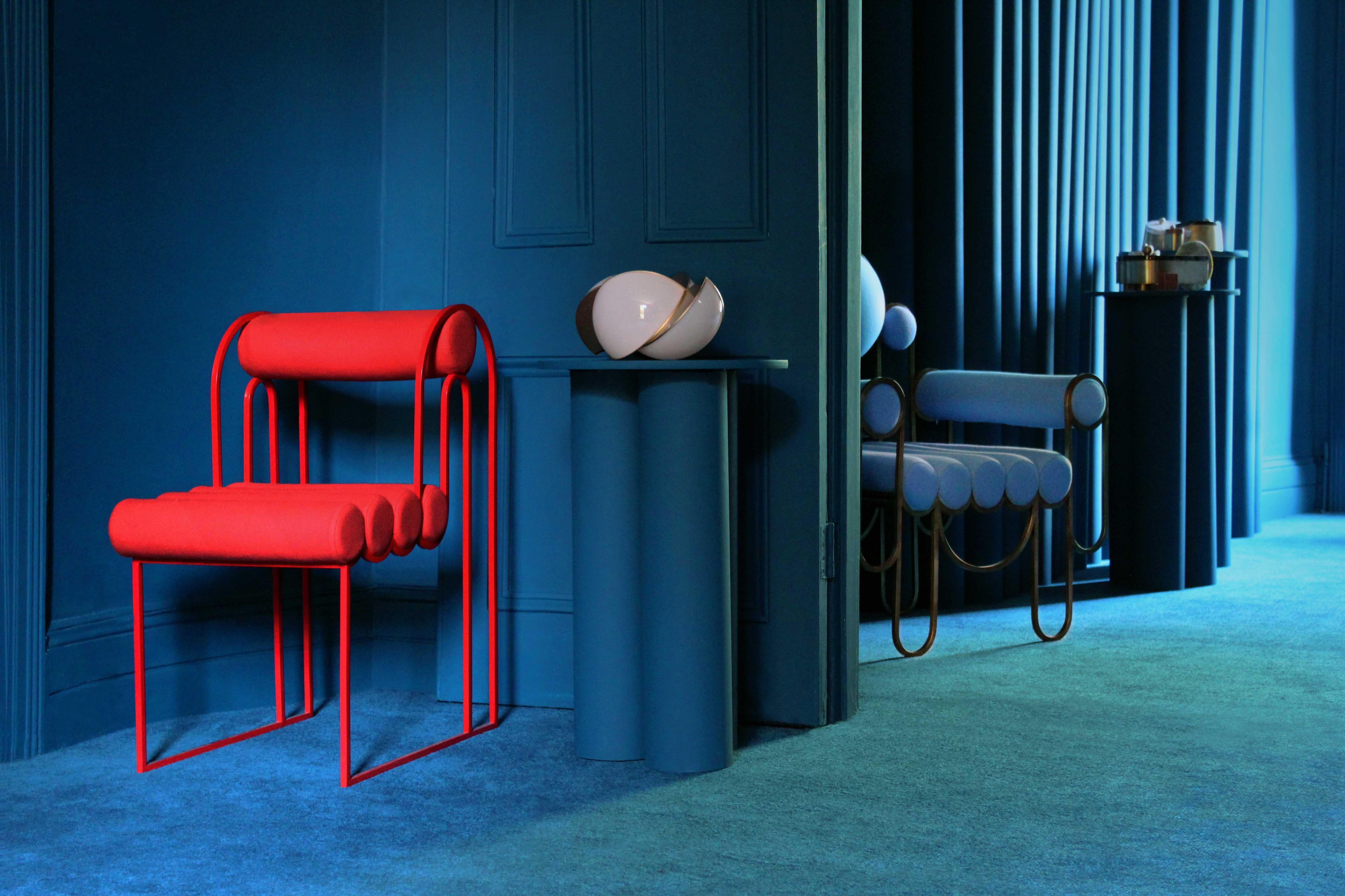 Chaise de salle à manger Apollo, cadre en acier revêtu rouge et laine rouge de Lara Bohinc en vente 3