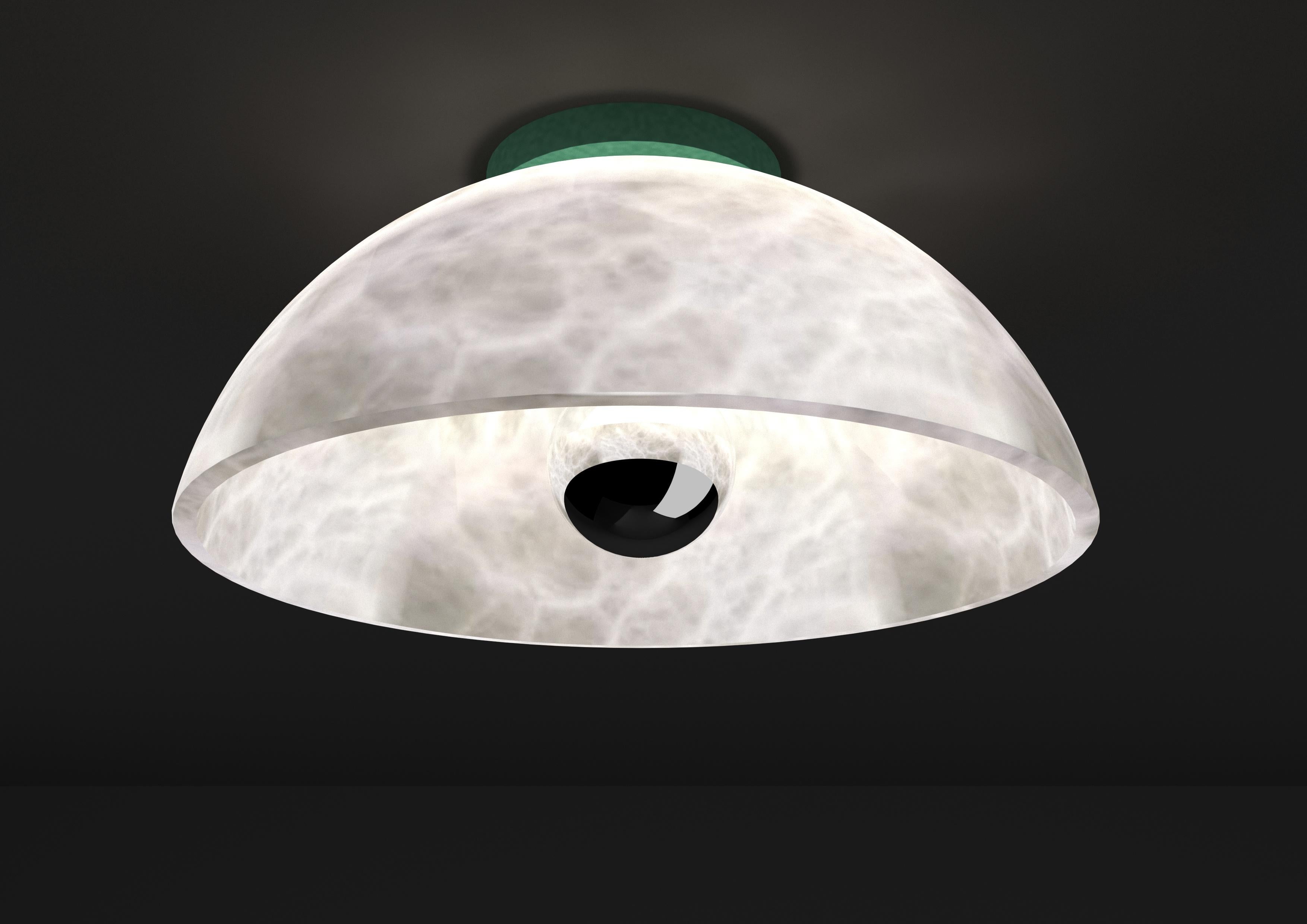 Apollo Freedom Green Metal Ceiling Lamp by Alabastro Italiano
Dimensions: Ø 30 x W 17,5 cm.
Materials: White alabaster and metal.

Available in different finishes: Shiny Silver, Bronze, Brushed Brass, Ruggine of Florence, Brushed Burnished, Shiny