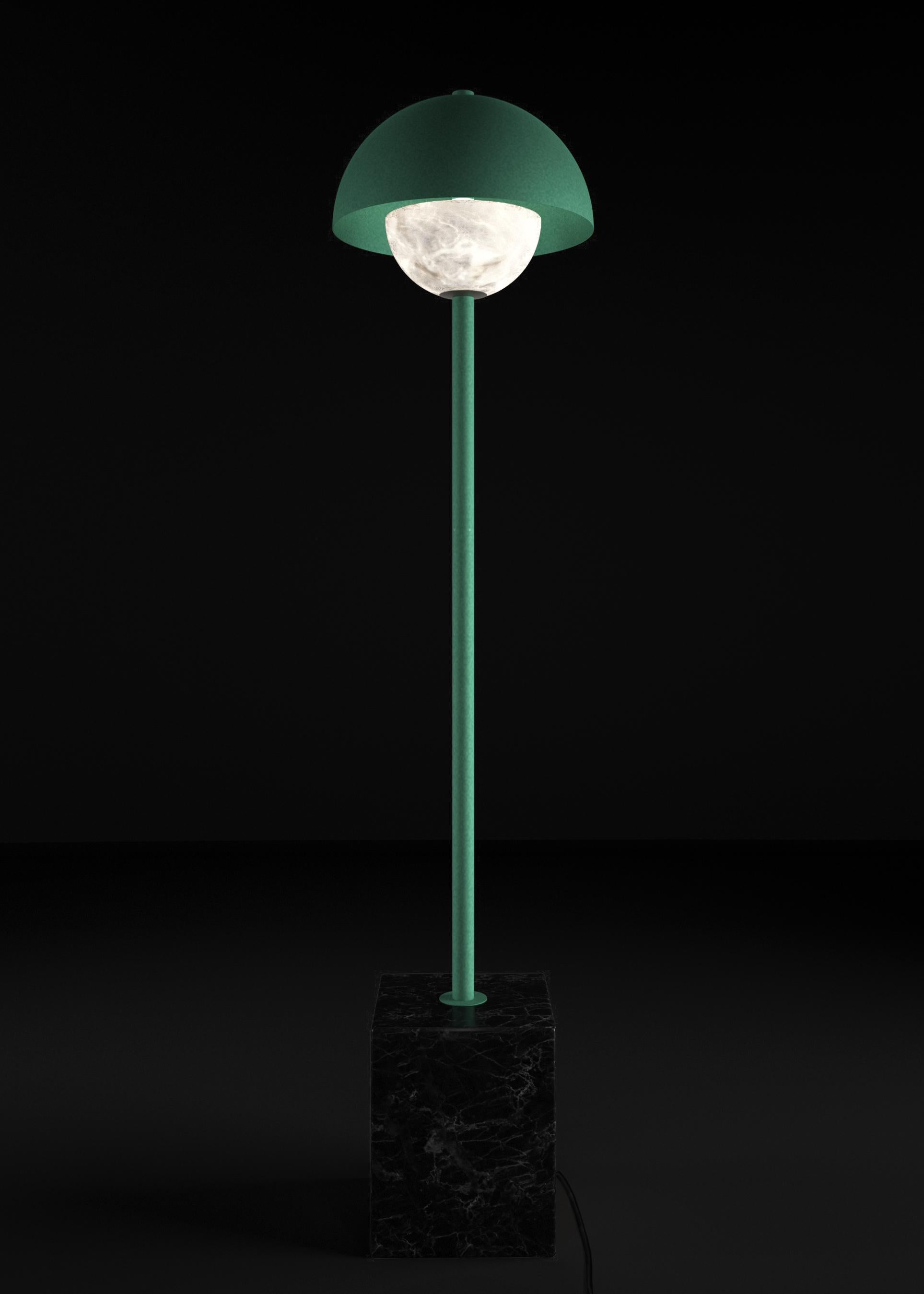 Apollo Freedom Green Metal Floor Lamp by Alabastro Italiano
Dimensions: D 30 x W 30 x H 130 cm.
Materials: White alabaster, Nero Marquinia marble, black silk cables and metal.

Available in different finishes: Shiny Silver, Bronze, Brushed Brass,