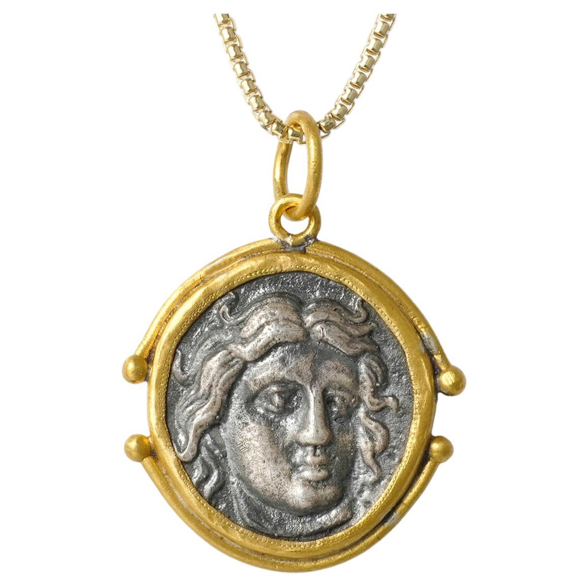 Apollo, God of Fine Arts & Music with Apollo's Rose on Back, 24K and Silver For Sale