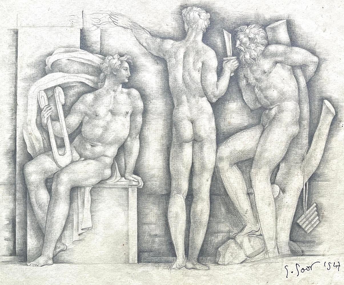 Superbement conçu et exécuté par Gaston Goor à la fin des années 1940, alors qu'il était au sommet de son art, ce dessin réunit trois figures masculines - toutes magnifiquement représentées dans le nu - Apollo, Hyancinthe et Cyparissus. Apollo est