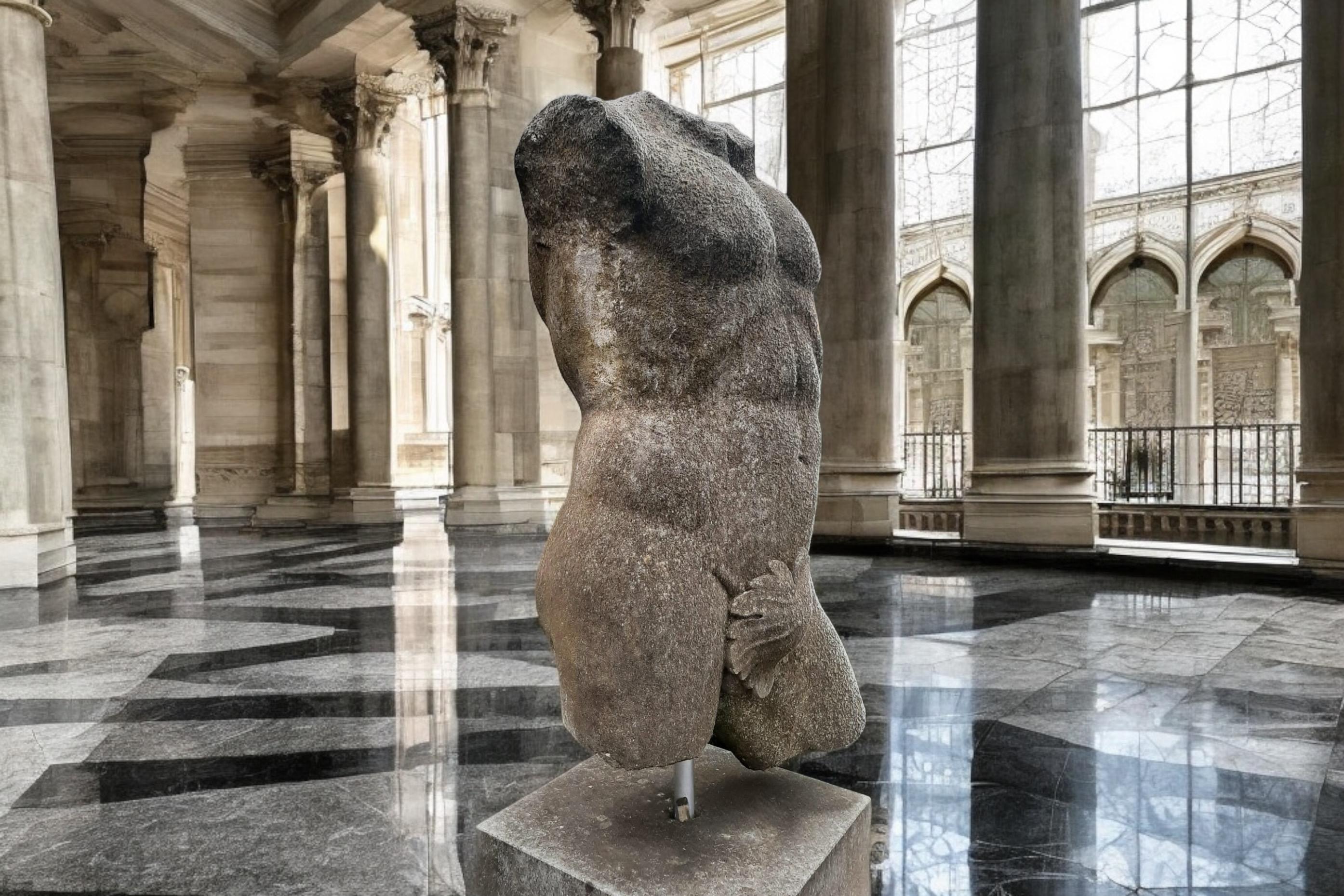 Italiano Apollo Scultura in pietra italiana di torso classico con base in vendita