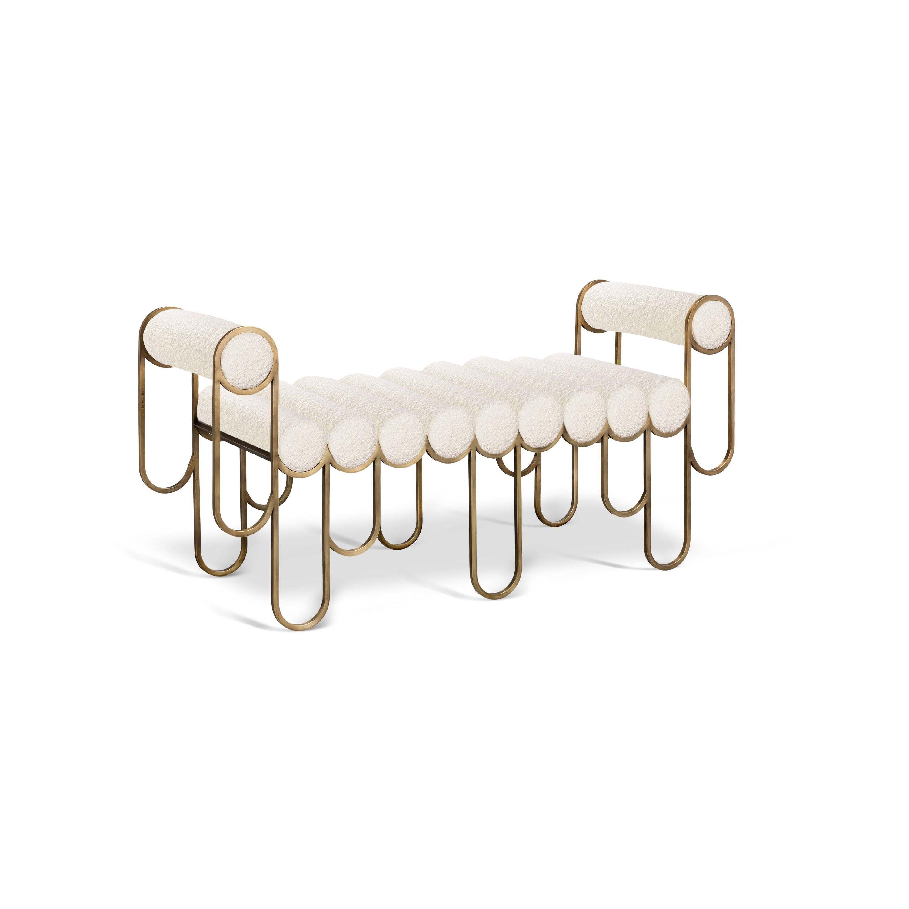 The Apollo loveseat comprises of a series of playfully fine, elongated metal loops, which embrace the upholstered cushion rolls together to form its long, wavy floating seat. The two armrests are held by further configurations of fine looping