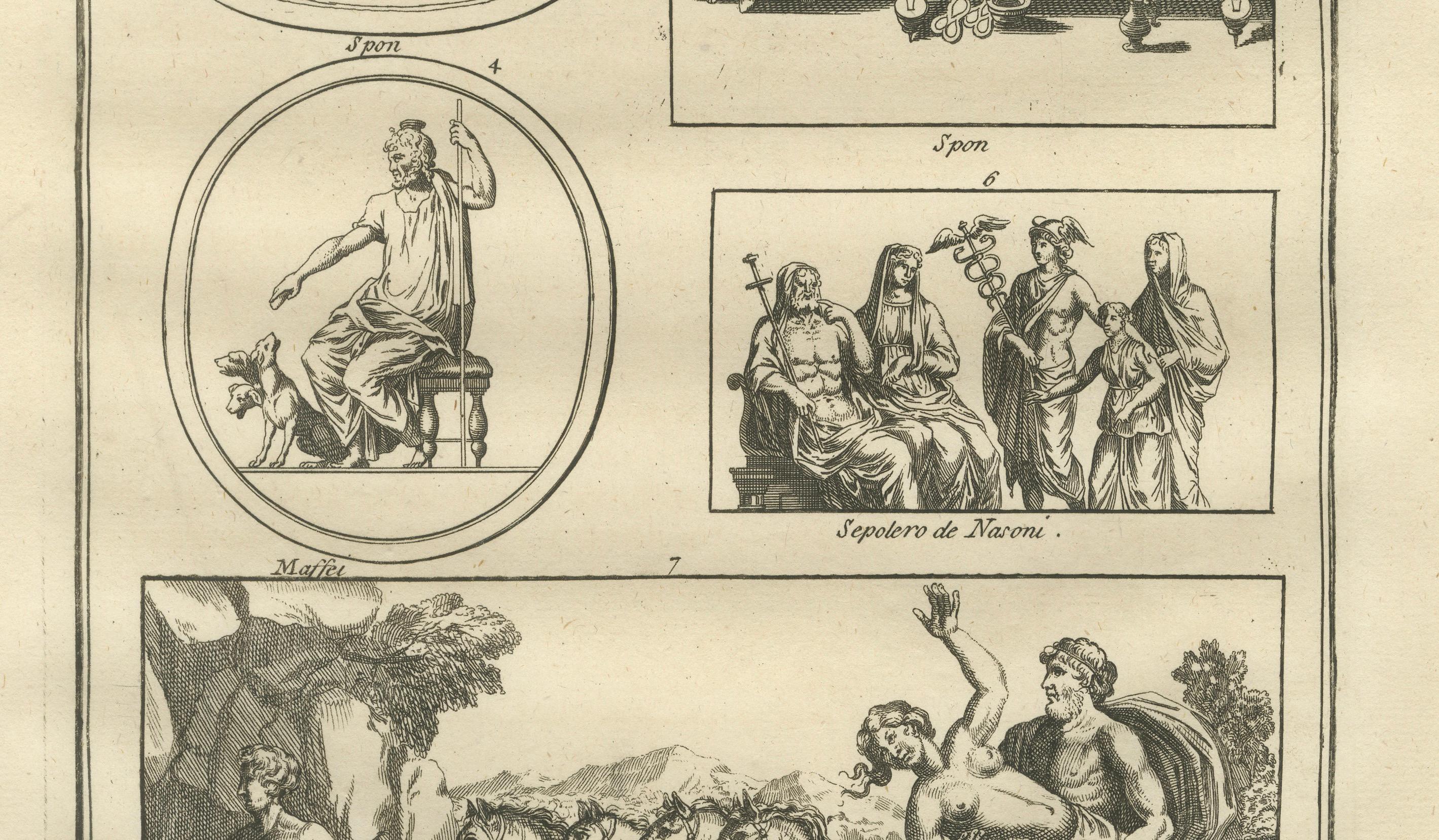 Apollo, Muses and Mythological Reliefs, Classical Antiquity Engraving, 1721
