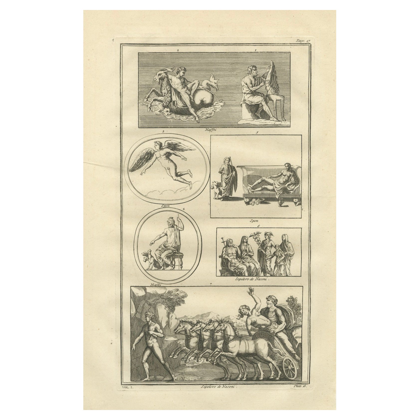 Apollo, Muses and Mythological Reliefs, Classical Antiquity Engraving, 1721