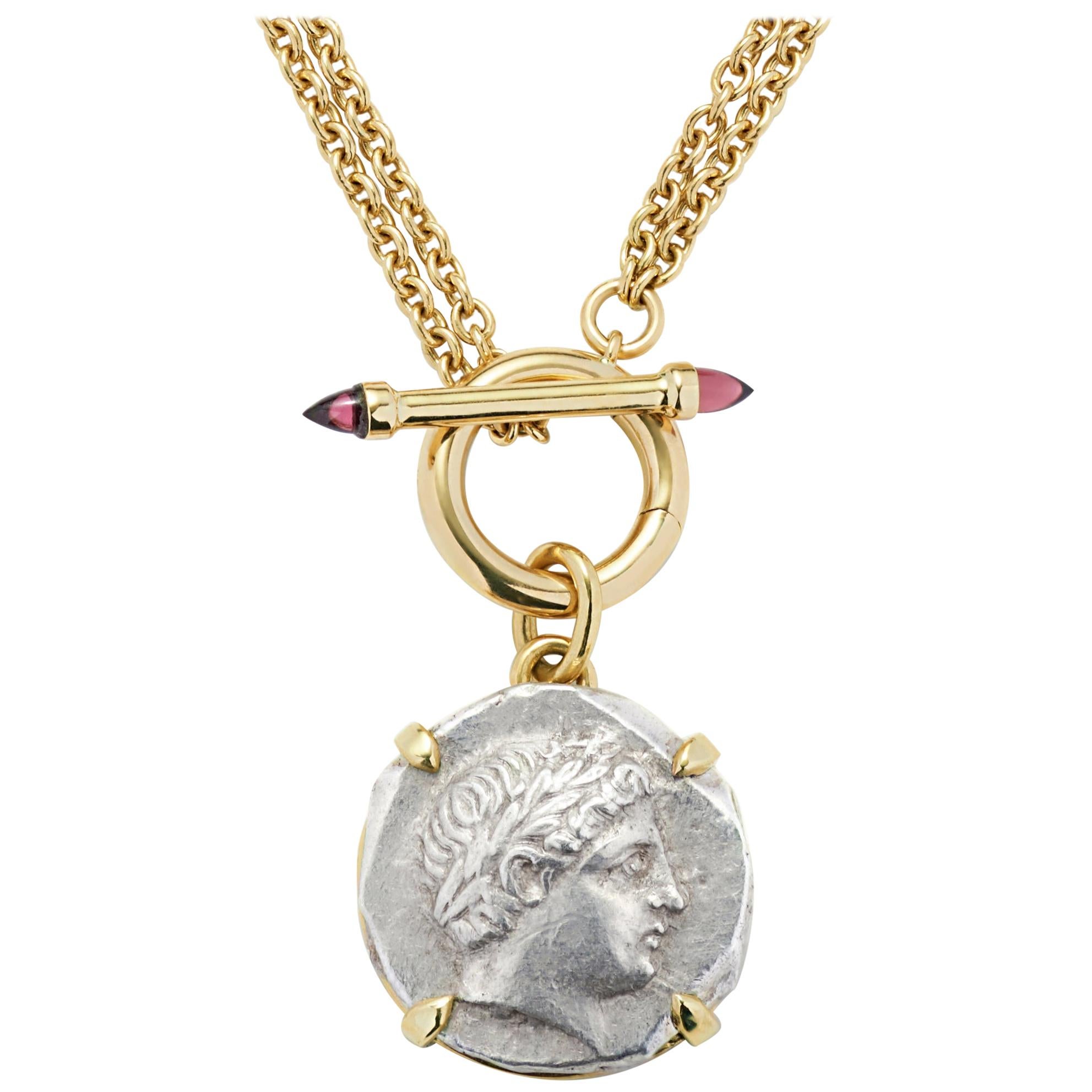 Apollo Patraos Ancient Silver Coin Pendant Rhodolite Garnet Yellow Gold Necklace For Sale