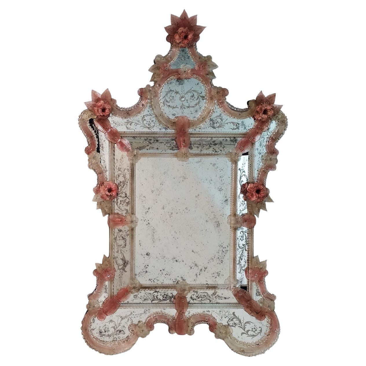Apollo Pink Murano Glass Mirror by Fratelli Tosi For Sale