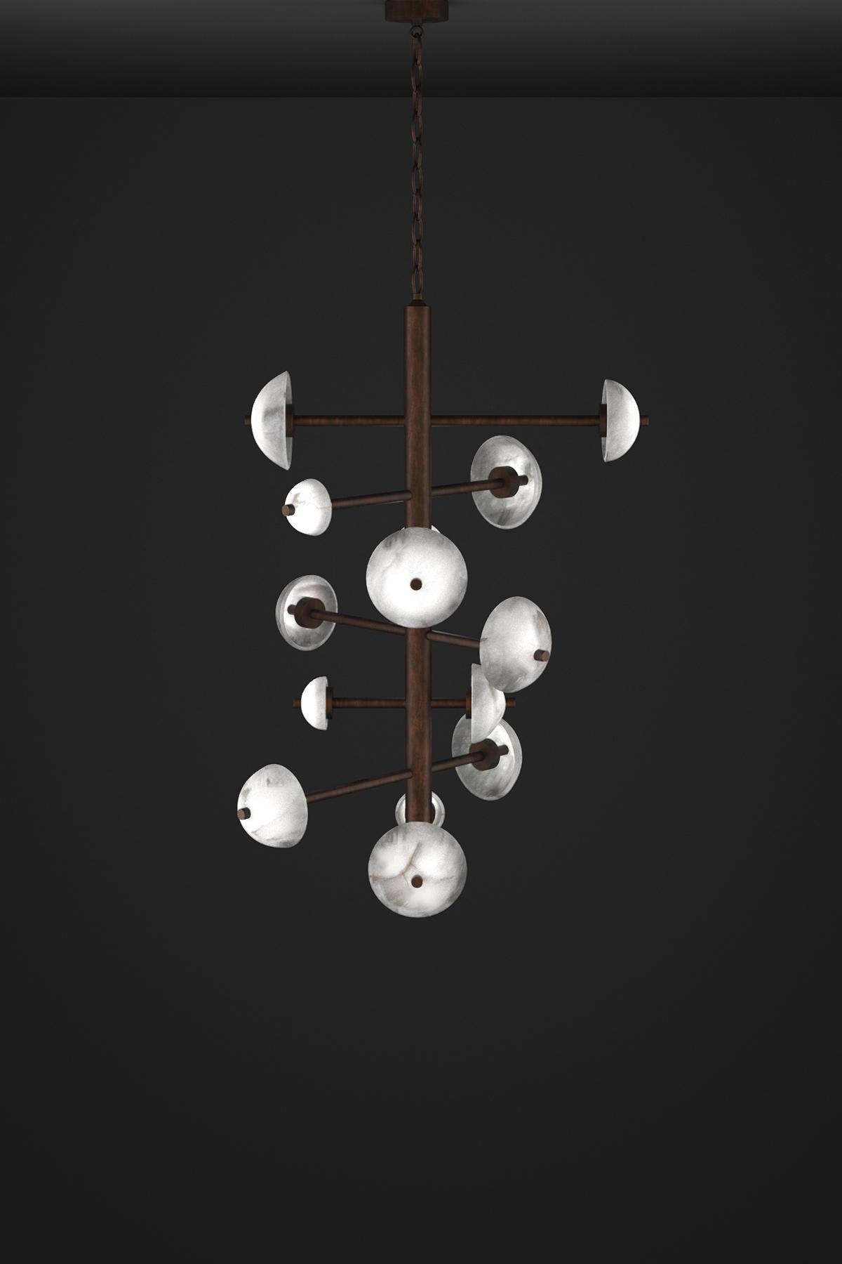 Apollo Ruggine Of Florence Metal Chandelier by Alabastro Italiano
Dimensions: D 70,5 x W 55 x H 111 cm.
Materials: White alabaster and metal.

Available in different finishes: Shiny Silver, Bronze, Brushed Brass, Ruggine of Florence, Brushed