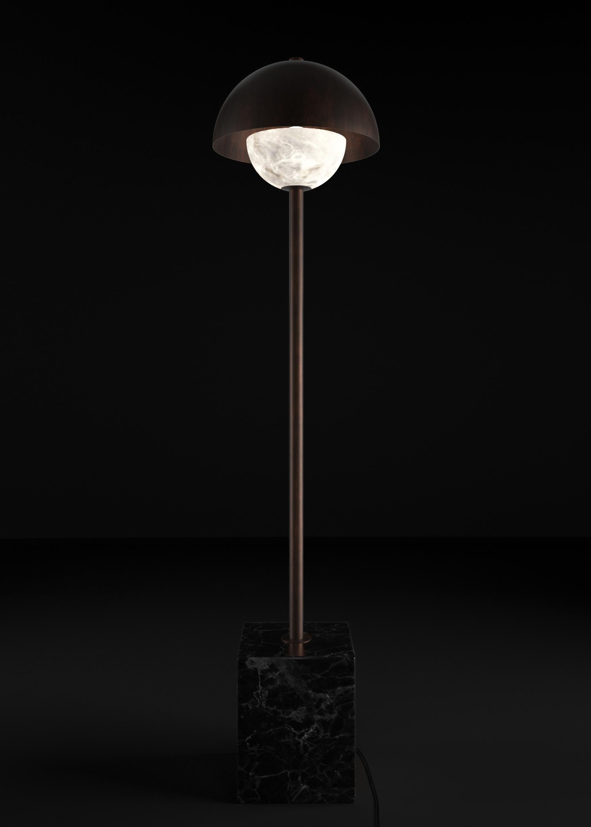 Apollo Ruggine Of Florence Metal Floor Lamp by Alabastro Italiano
Dimensions: D 30 x W 30 x H 130 cm.
Materials: White alabaster, Nero Marquinia marble, black silk cables and metal.

Available in different finishes: Shiny Silver, Bronze, Brushed