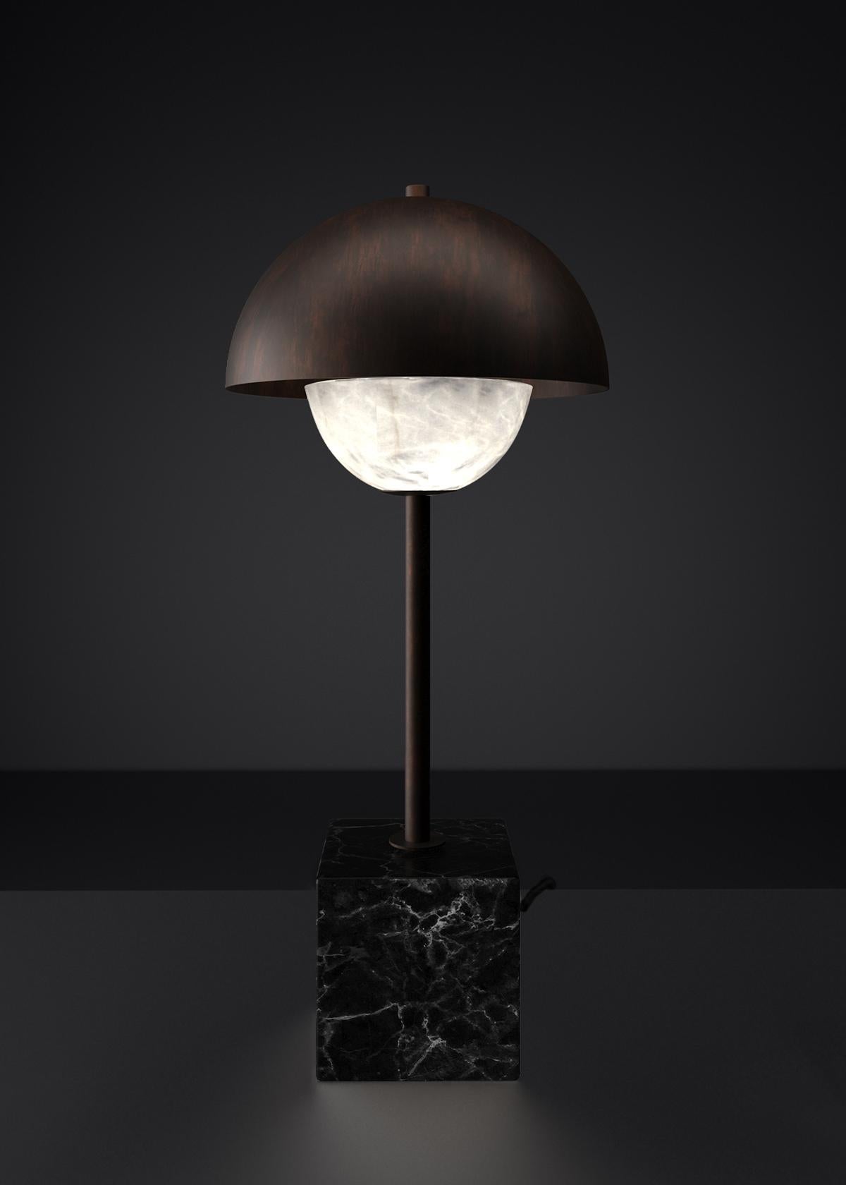 Apollo Ruggine Of Florence Metal Table Lamp by Alabastro Italiano
Dimensions: D 30 x W 30 x H 74 cm.
Materials: White alabaster, Nero Marquinia marble, black silk cables and metal.

Available in different finishes: Shiny Silver, Bronze, Brushed
