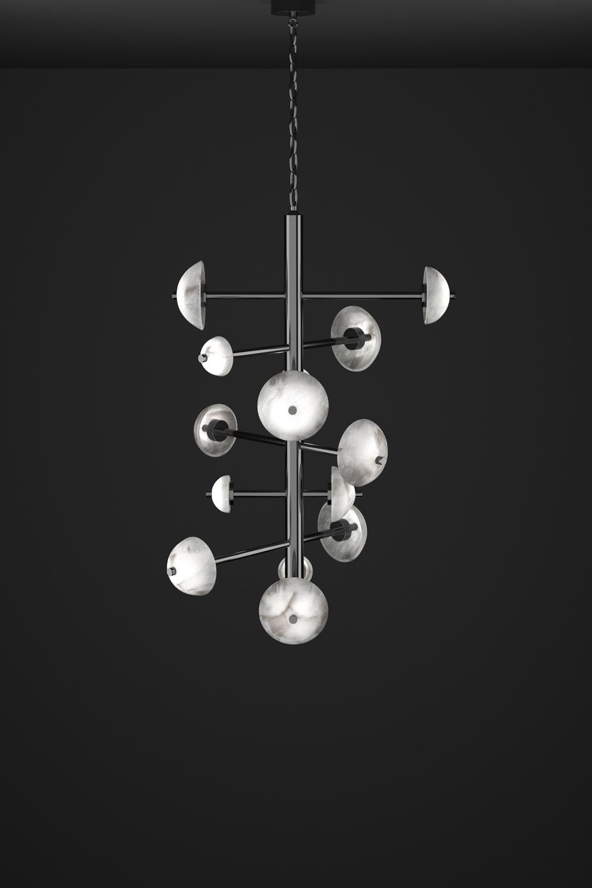 Apollo Shiny Black Metal Chandelier by Alabastro Italiano
Dimensions: D 70,5 x W 55 x H 111 cm.
Materials: White alabaster and metal.

Available in different finishes: Shiny Silver, Bronze, Brushed Brass, Ruggine of Florence, Brushed Burnished,