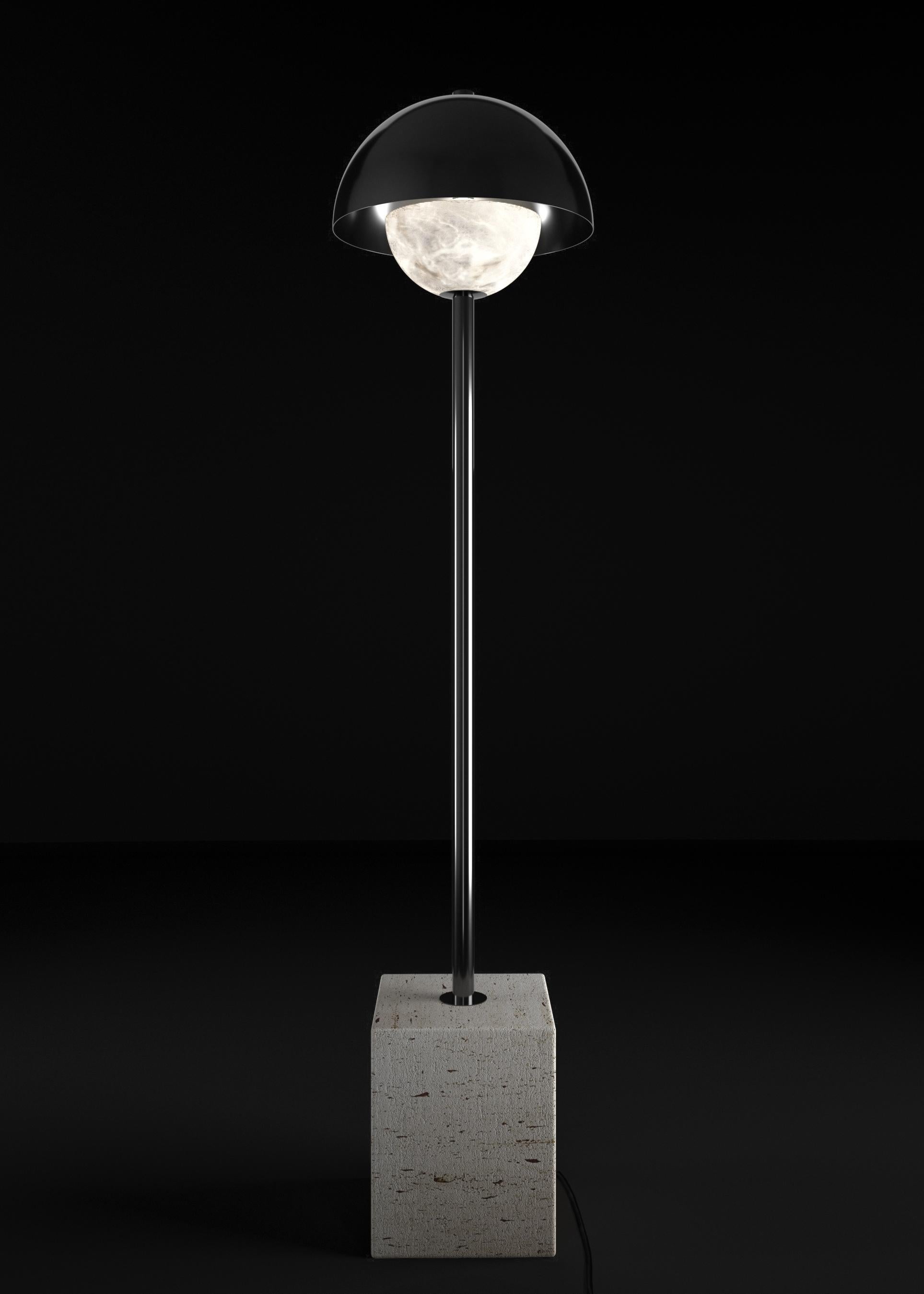 Apollo Shiny Black Metal Floor Lamp by Alabastro Italiano
Dimensions: D 30 x W 30 x H 130 cm.
Materials: White alabaster, marble, black silk cables and metal.

Available in different finishes: Shiny Silver, Bronze, Brushed Brass, Ruggine of