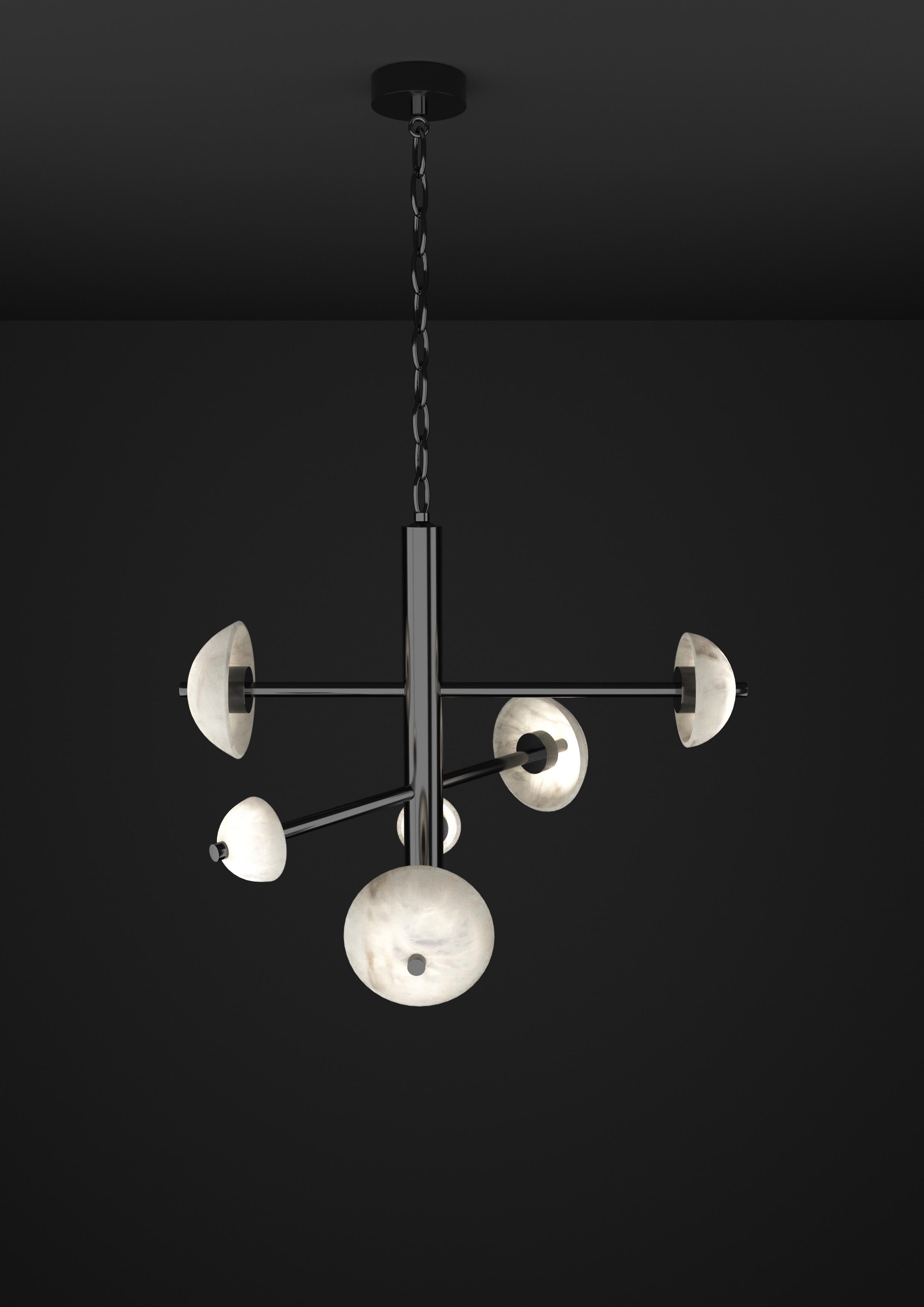Apollo Shiny Black Metal Pendant Lamp by Alabastro Italiano
Dimensions: D 70,5 x W 54 x H 64 cm.
Materials: White alabaster and metal.

Available in different finishes: Shiny Silver, Bronze, Brushed Brass, Ruggine of Florence, Brushed Burnished,