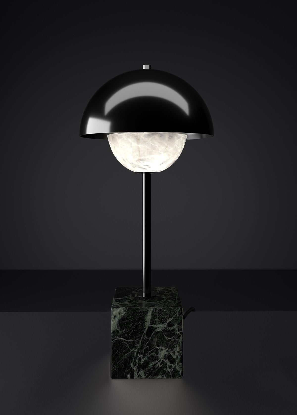 Apollo Shiny Black Metal Table Lamp by Alabastro Italiano
Dimensions: D 30 x W 30 x H 74 cm.
Materials: White alabaster, Nero Marquinia marble, black silk cables and metal.

Available in different finishes: Shiny Silver, Bronze, Brushed Brass,