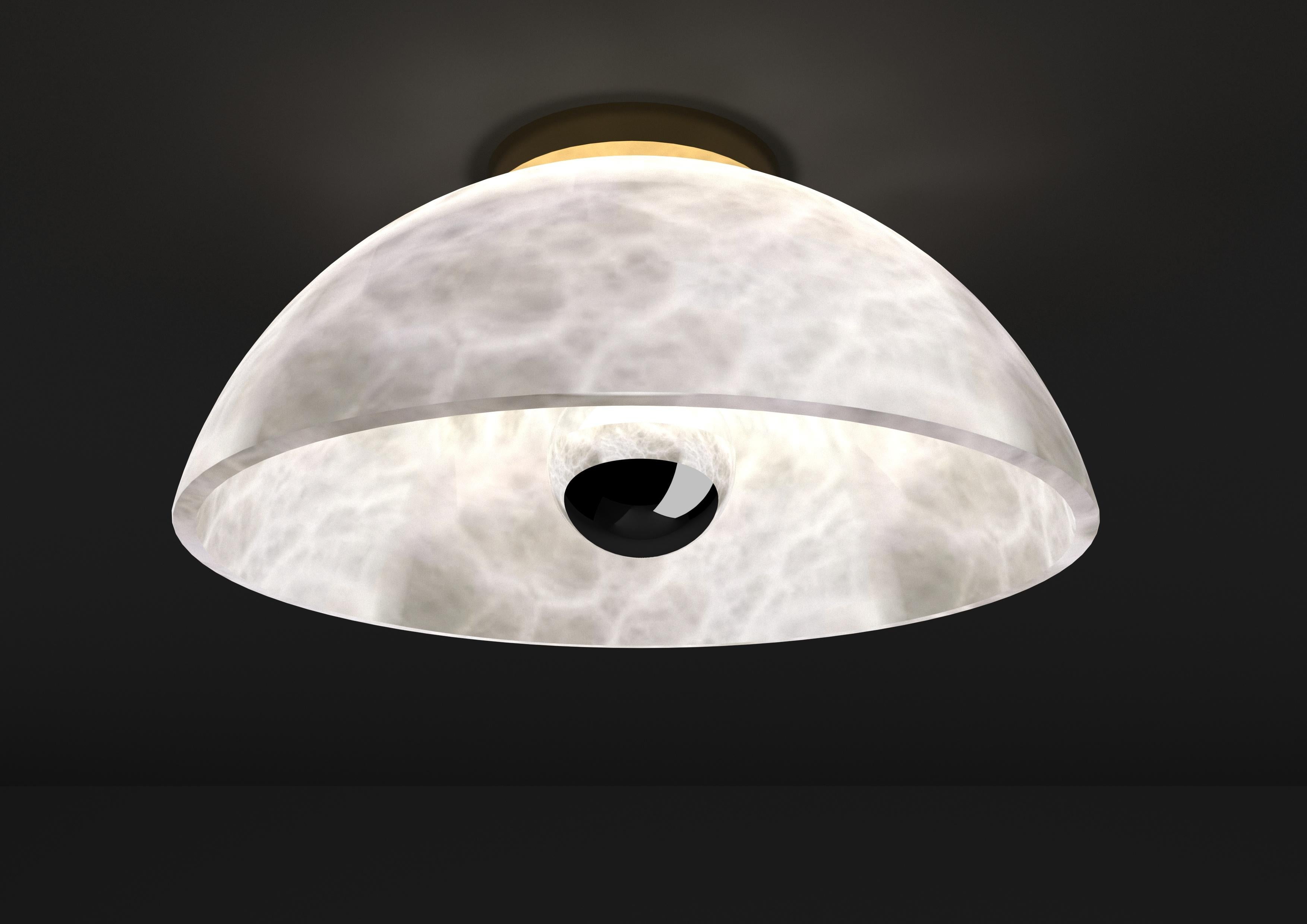 Apollo Shiny Gold Metal Ceiling Lamp by Alabastro Italiano
Dimensions: Ø 30 x W 17,5 cm.
Materials: White alabaster and metal.

Available in different finishes: Shiny Silver, Bronze, Brushed Brass, Ruggine of Florence, Brushed Burnished, Shiny Gold,