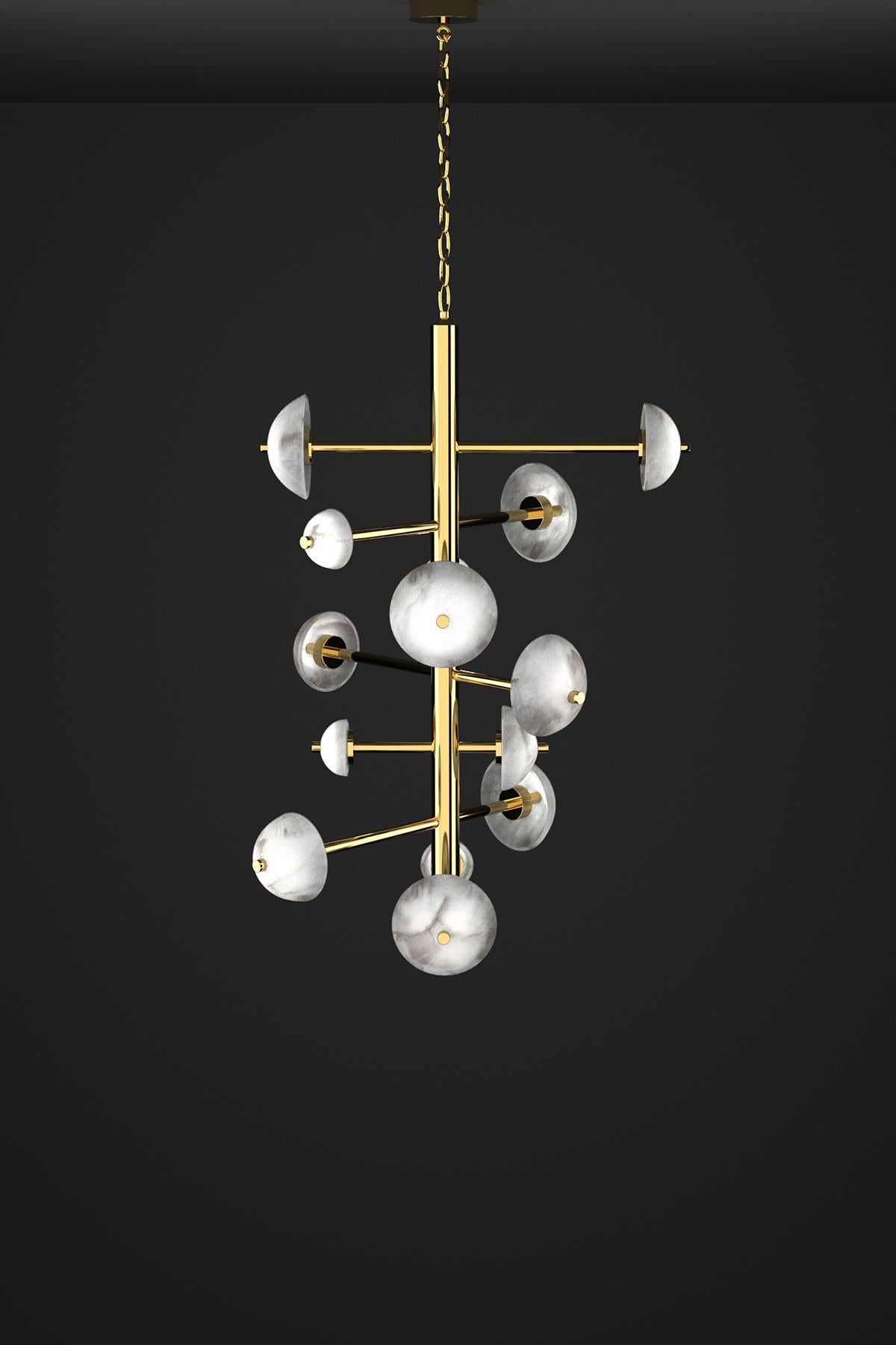 Apollo Shiny Gold Metal Chandelier by Alabastro Italiano
Dimensions: D 70,5 x W 55 x H 111 cm.
Materials: White alabaster and metal.

Available in different finishes: Shiny Silver, Bronze, Brushed Brass, Ruggine of Florence, Brushed Burnished, Shiny