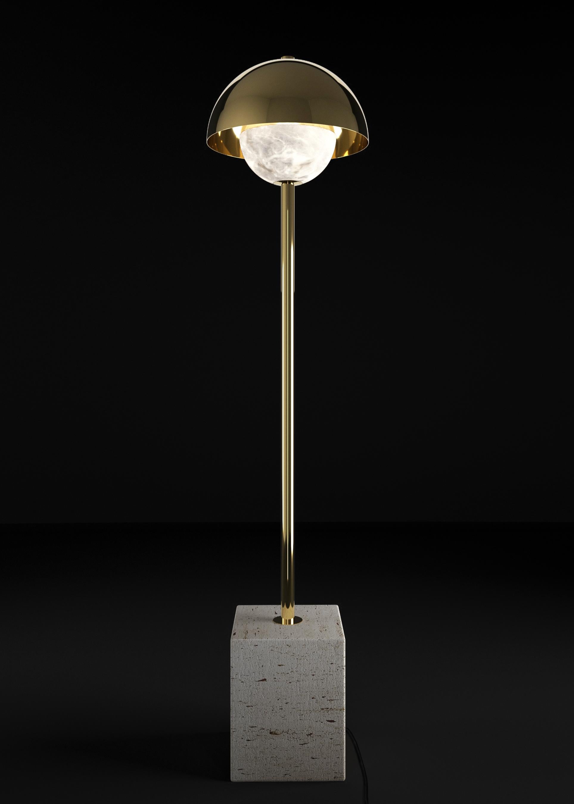 Apollo Shiny Gold Metal Floor Lamp by Alabastro Italiano
Dimensions: D 30 x W 30 x H 130 cm.
Materials: White alabaster, marble, black silk cables and metal.

Available in different finishes: Shiny Silver, Bronze, Brushed Brass, Ruggine of Florence,