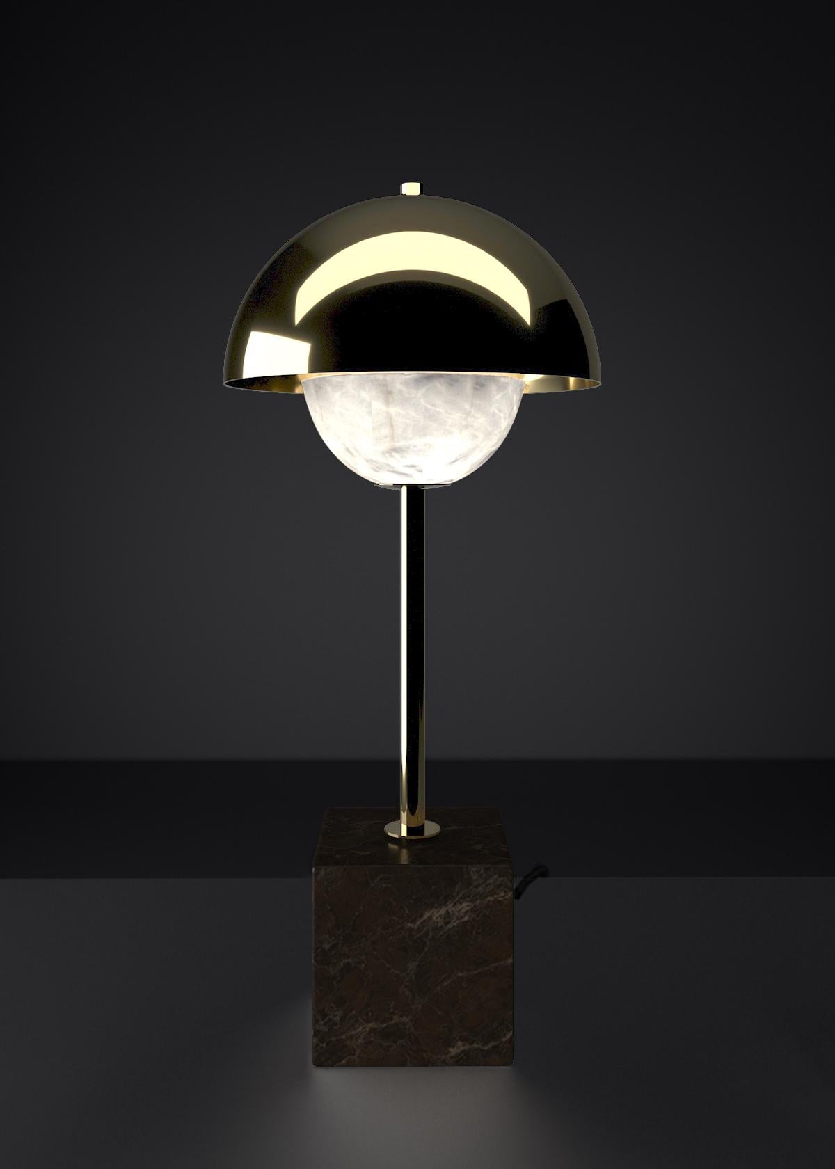 Apollo Shiny Gold Metal Table Lamp by Alabastro Italiano
Dimensions: D 30 x W 30 x H 74 cm.
Materials: White alabaster, Nero Marquinia marble, black silk cables and metal.

Available in different finishes: Shiny Silver, Bronze, Brushed Brass,