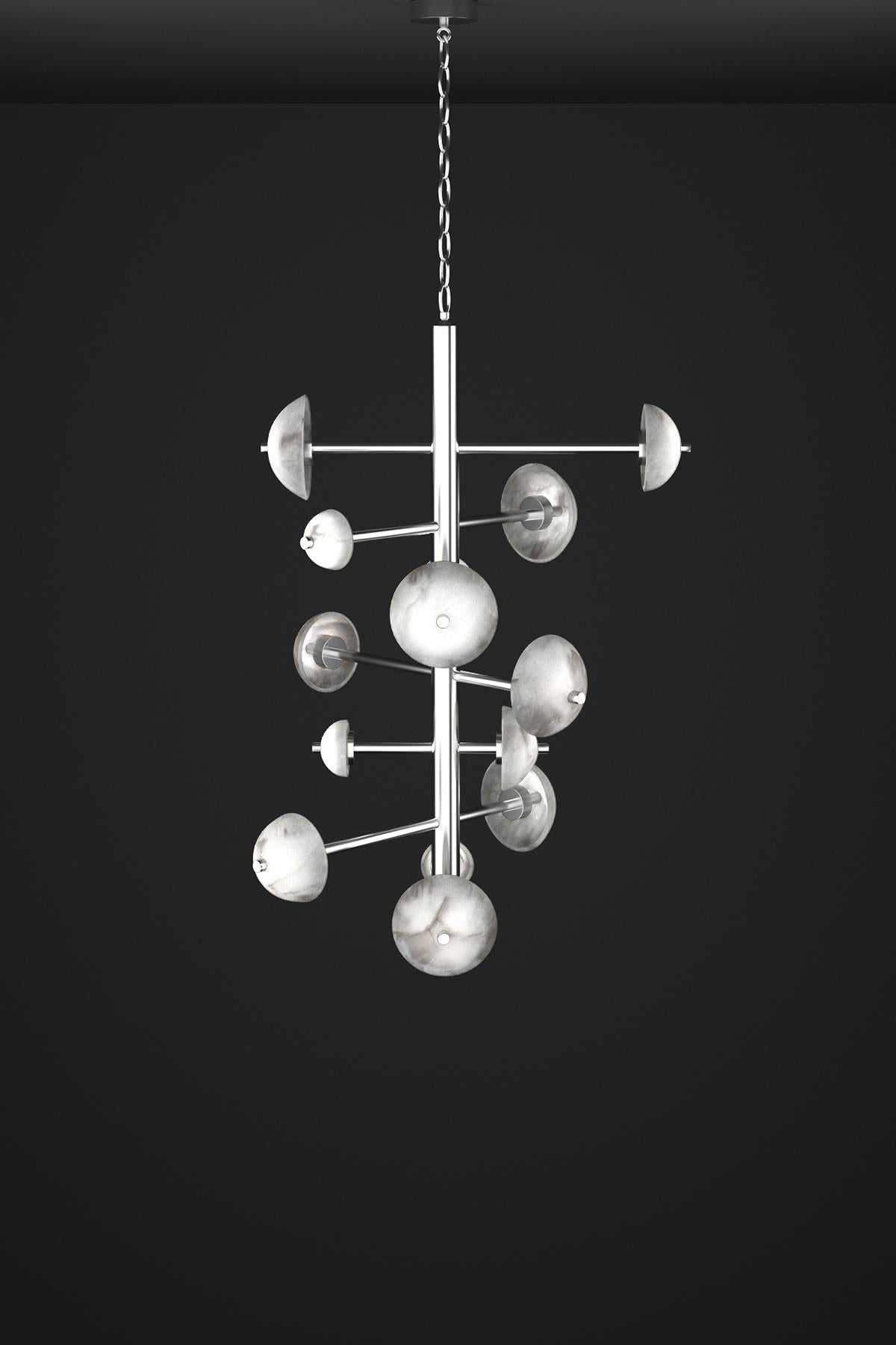 Apollo Shiny Silver Metal Chandelier by Alabastro Italiano
Dimensions: D 70,5 x W 55 x H 111 cm.
Materials: White alabaster and metal.

Available in different finishes: Shiny Silver, Bronze, Brushed Brass, Ruggine of Florence, Brushed Burnished,
