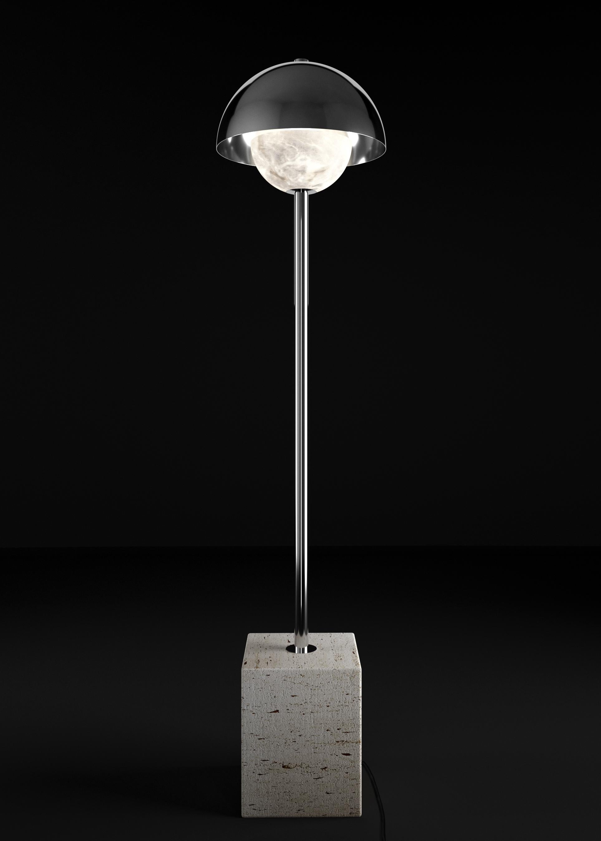 Apollo Shiny Silver Metal Floor Lamp by Alabastro Italiano
Dimensions: D 30 x W 30 x H 130 cm.
Materials: White alabaster, marble, black silk cables and metal.

Available in different finishes: Shiny Silver, Bronze, Brushed Brass, Ruggine of