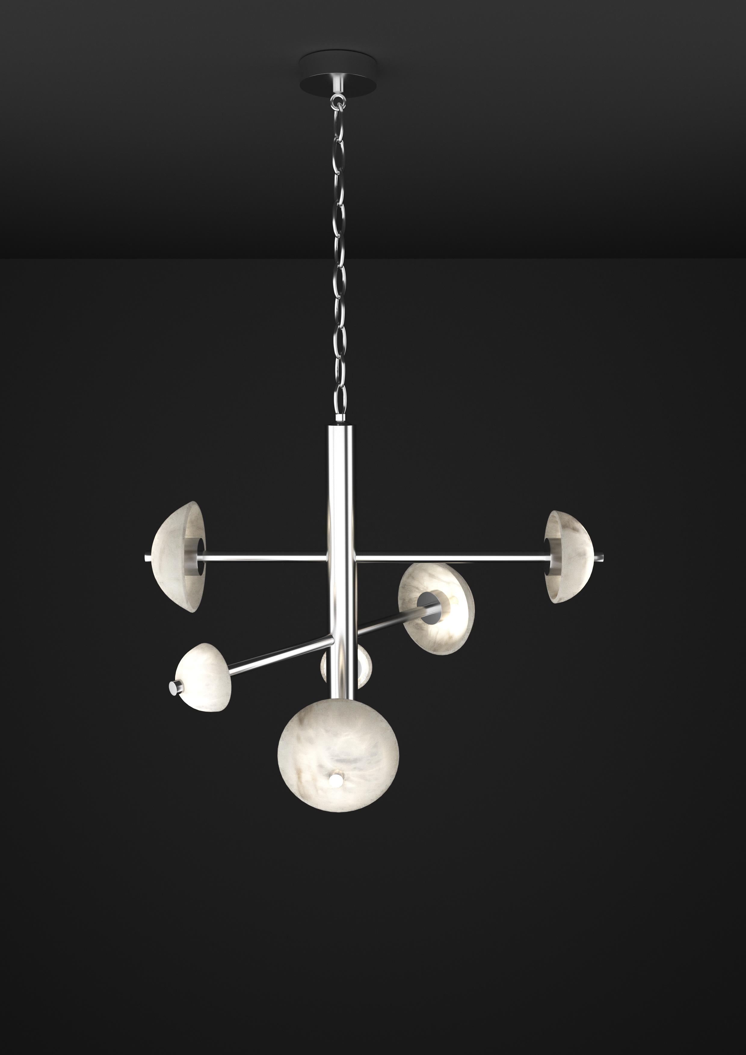 Apollo Shiny Silver Metal Pendant Lamp by Alabastro Italiano
Dimensions: D 70,5 x W 54 x H 64 cm.
Materials: White alabaster and metal.

Available in different finishes: Shiny Silver, Bronze, Brushed Brass, Ruggine of Florence, Brushed Burnished,