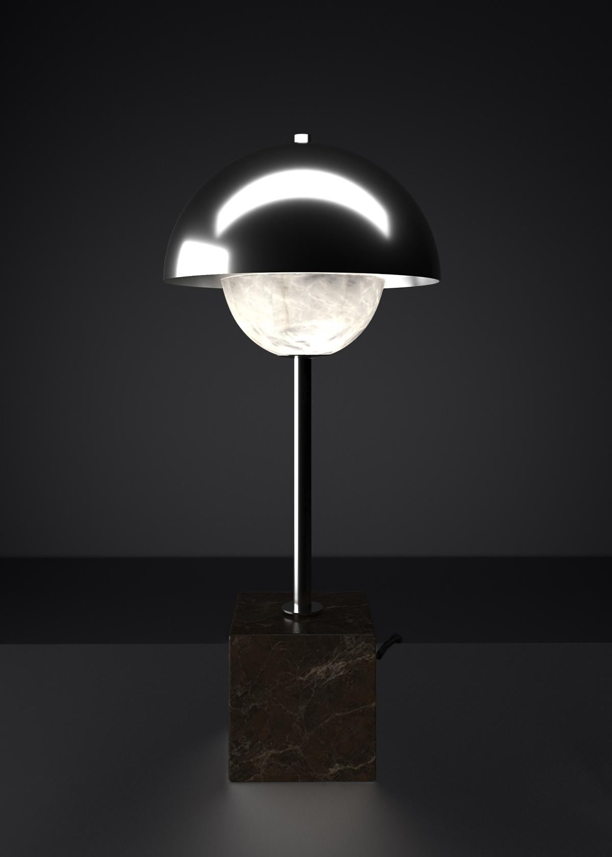 Apollo Shiny Silver Metal Table Lamp by Alabastro Italiano
Dimensions: D 30 x W 30 x H 74 cm.
Materials: White alabaster, Nero Marquinia marble, black silk cables and metal.

Available in different finishes: Shiny Silver, Bronze, Brushed Brass,