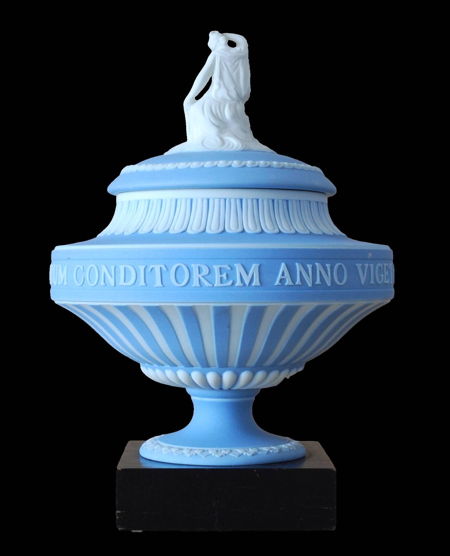 Wedgwood made 50 of these vases in 1930 to mark the bicentenary of Josiah’s birth, to be given to associates of the company.

The incription reads: 

CC POST NATUM CONDITOREM ANNO VIGET ARS ETRURIAE REDINTEGRATA
200 years after the birth of the