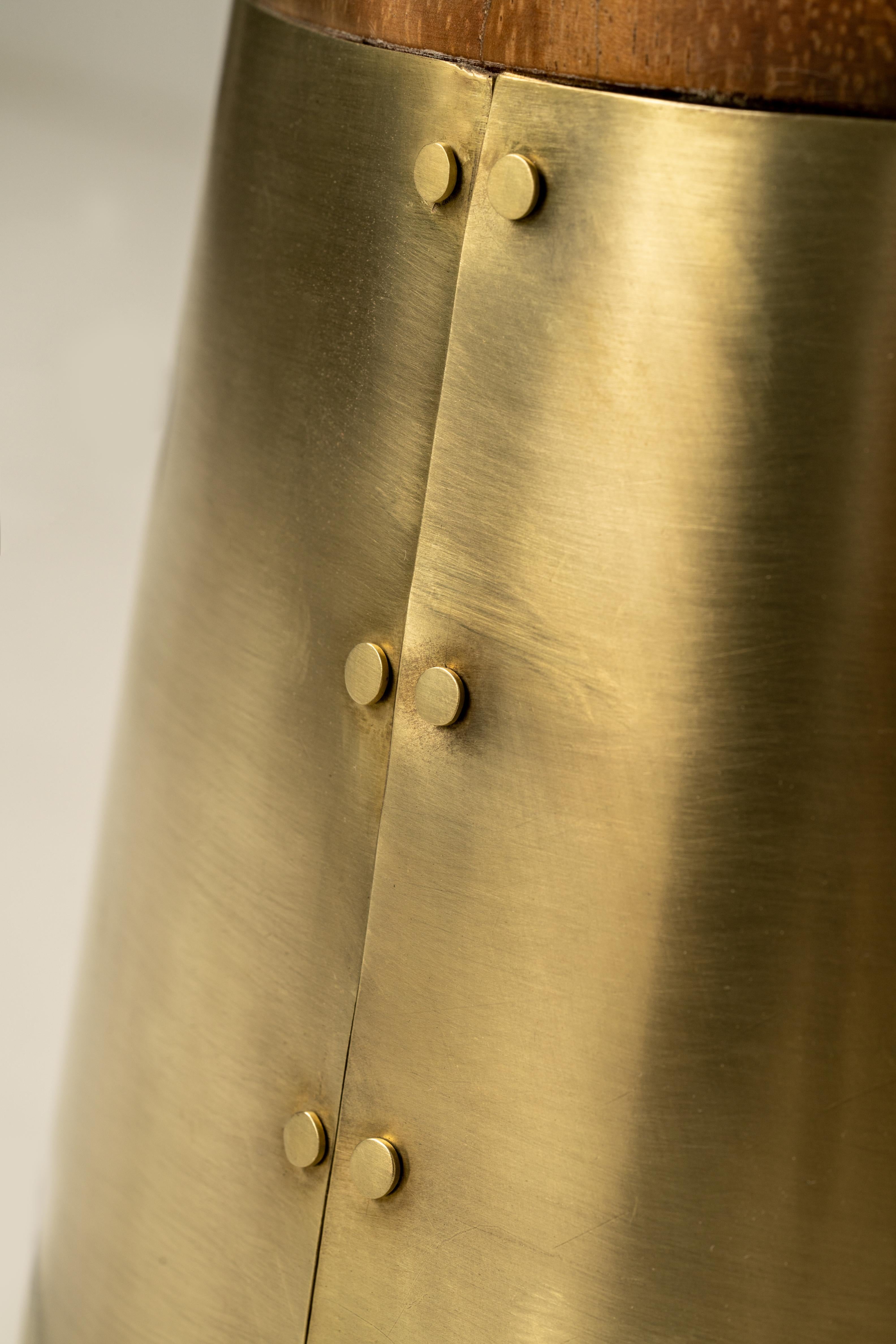 Modern Floor Lamp Natural Parota Wood Hand-Forged Brass Black Fiberglass Shade In New Condition For Sale In San Antonio, TX