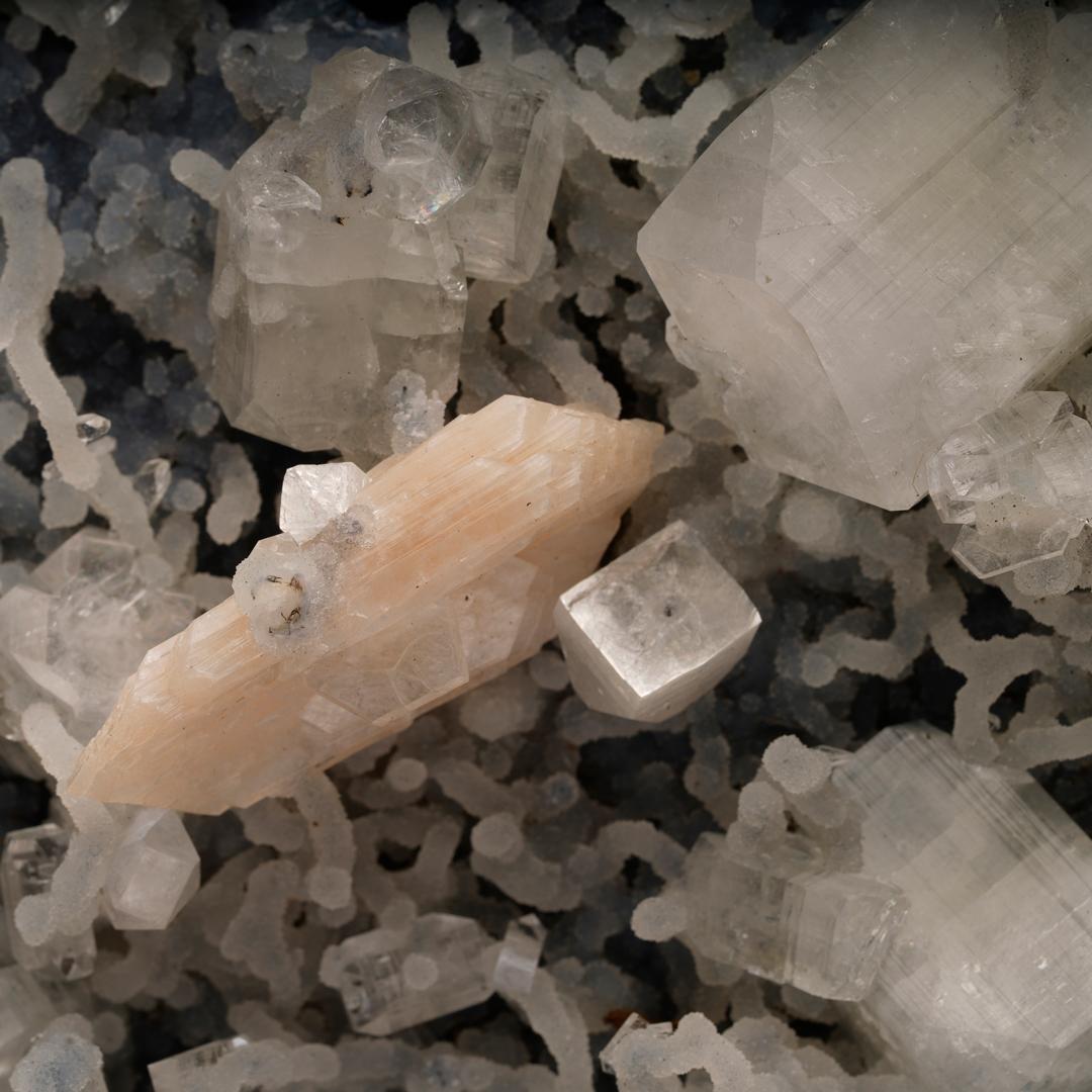 Contemporary Apophyllite and Stilbite on Chalcedony and Chalcedony Stalactites From India For Sale