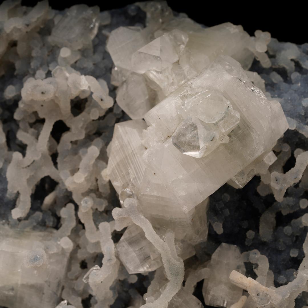 Crystal Apophyllite and Stilbite on Chalcedony and Chalcedony Stalactites From India For Sale