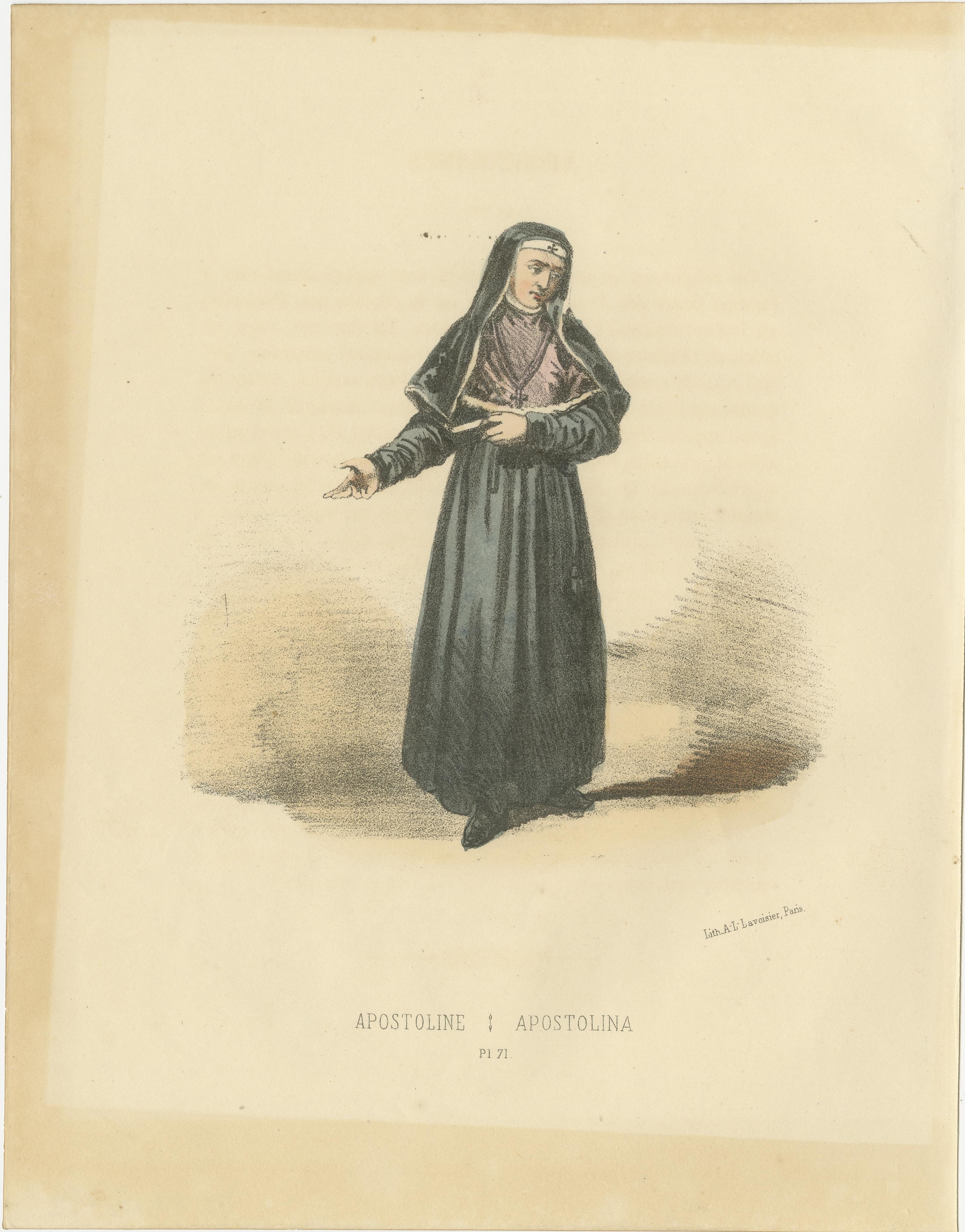 Apostoline - 1862 Handkolorierte Lithographie einer Apostolin-Nun aus Apostoline  
 
Diese handkolorierte Lithografie aus dem Jahr 1862 zeigt eine Apostolin oder Apostolische Nonne in einem schlichten dunkelblauen Habit mit weißer Schärpe, der die
