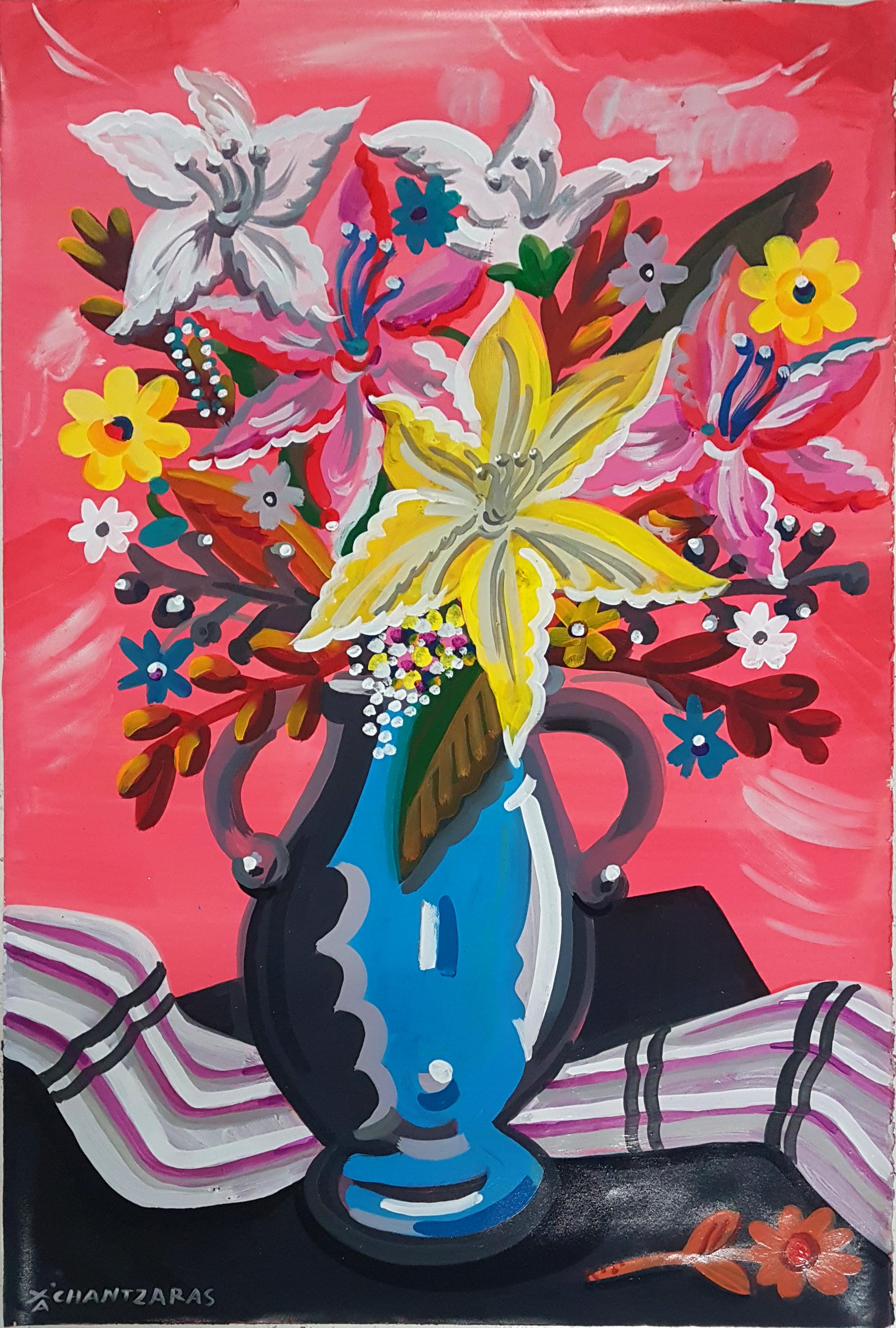 Apostolos Chantzaras Figurative Painting - A Spring in Her, mixed media painting on paper, contemporary bright flowers 