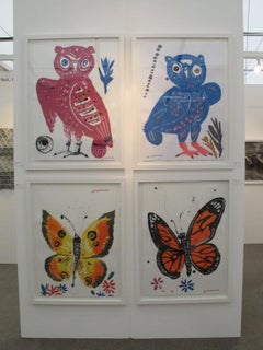 Ambrosia, gufo #9 della serie "The Wise Guys", pittura pop contemporanea di uccelli blu