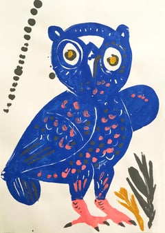 Ambrosia, Owl #9 “The Wise Guys” series, Pop contemporary blue bird painting