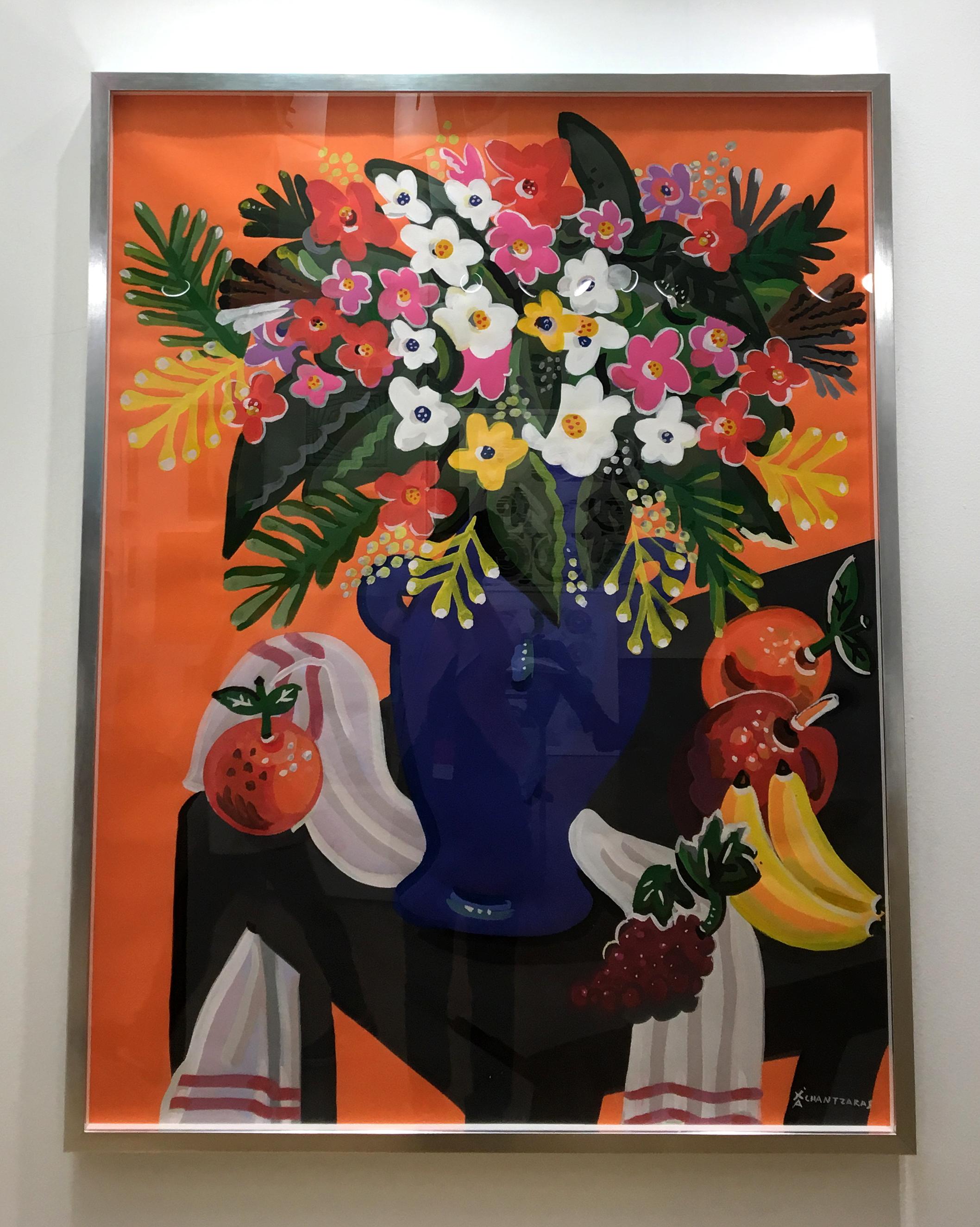 Bouquet, peinture de nature morte colorée Pop art en forme de fleur, fond orange - Marron Figurative Painting par Apostolos Chantzaras