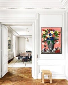 Pink pop art style and classical colorful still-life flower painting framed