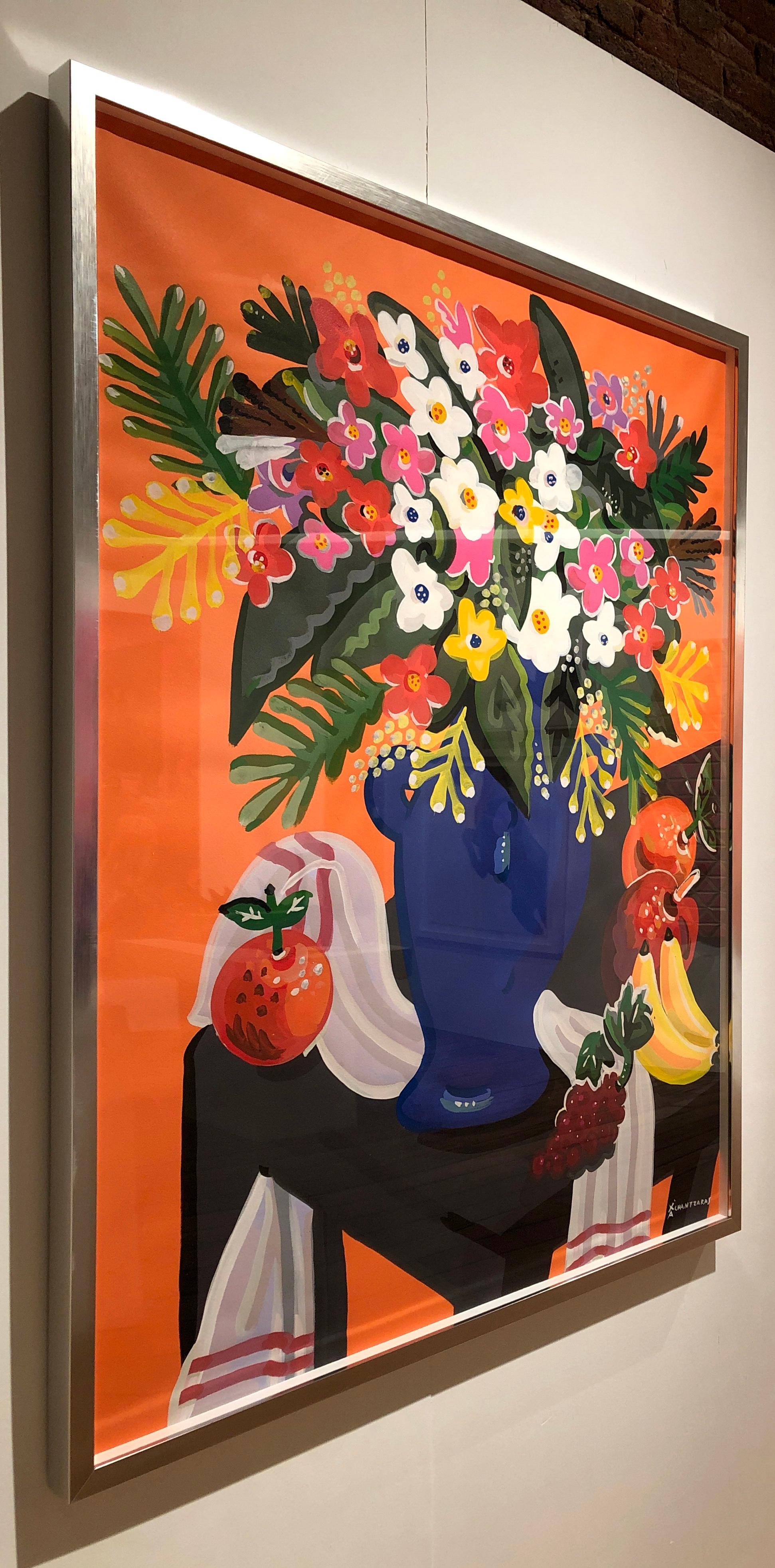 Bouquet, peinture de nature morte colorée Pop art en forme de fleur, fond orange en vente 1