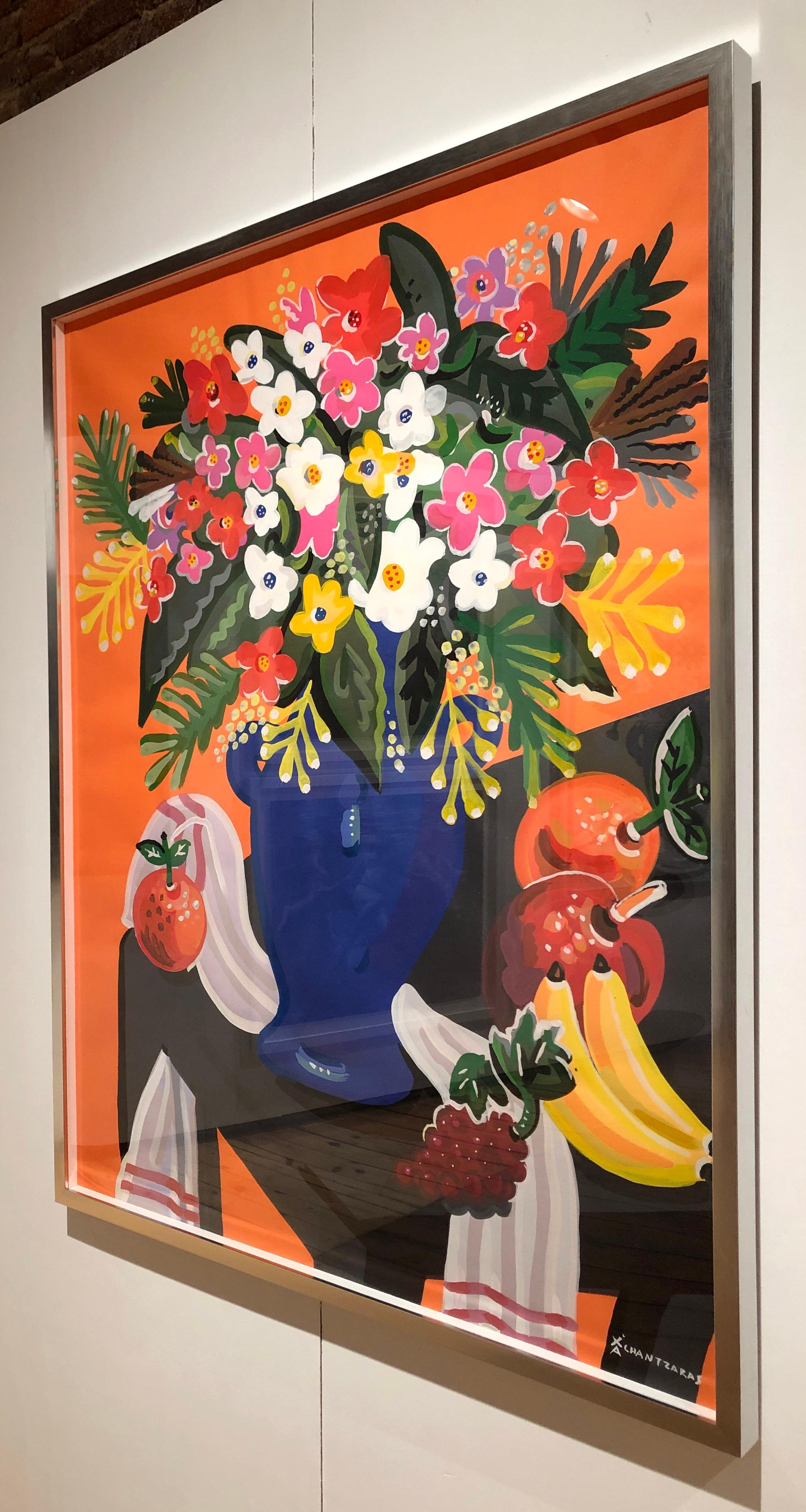 Bouquet, peinture de nature morte colorée Pop art en forme de fleur, fond orange - Contemporain Painting par Apostolos Chantzaras