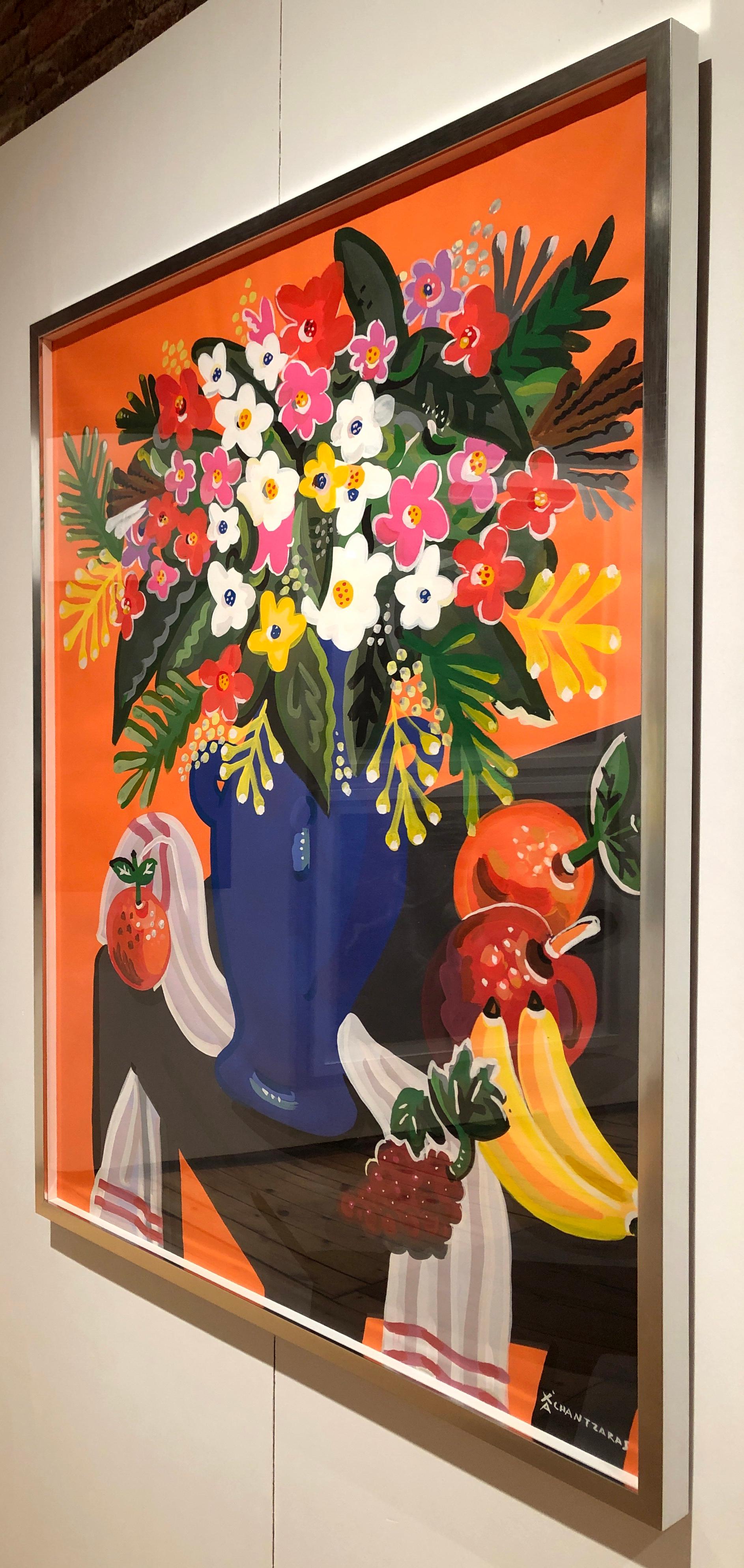 Bouquet, peinture de nature morte colorée Pop art en forme de fleur, fond orange en vente 2