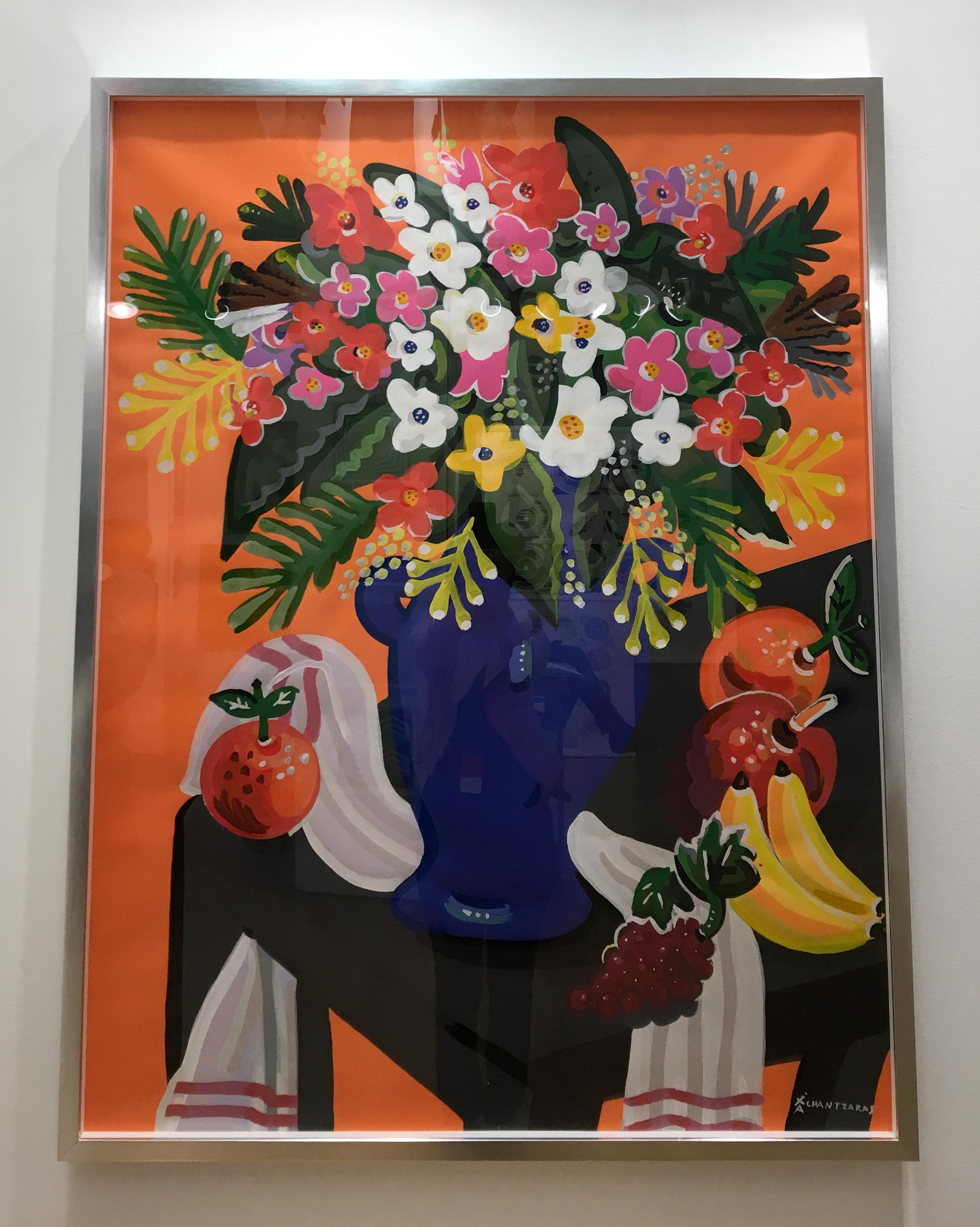 Bouquet, peinture de nature morte colorée Pop art en forme de fleur, fond orange - Painting de Apostolos Chantzaras