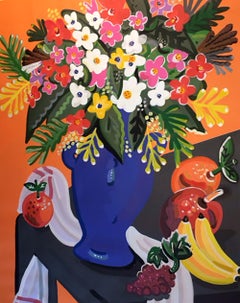 "Bouquet", Pop art colorido bodegón de flores, fondo naranja enmarcado