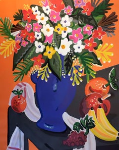 „Bouquet“, farbenfrohes Blumengemälde in Pop-Art, orangefarben gerahmt