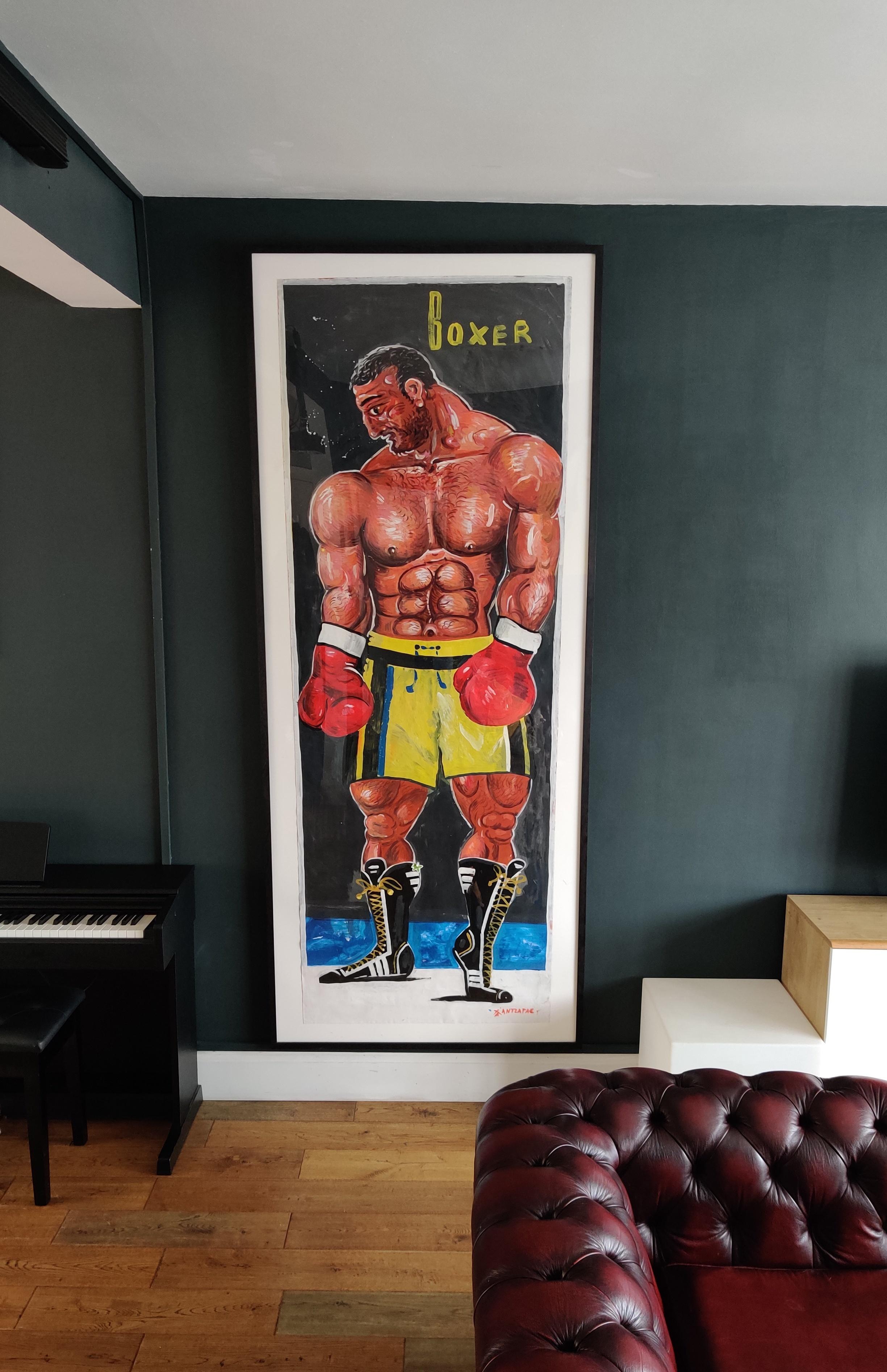 Dorieus, Life size Boxer Painting, Pop graphic, painting on paper, walnut frame For Sale 2