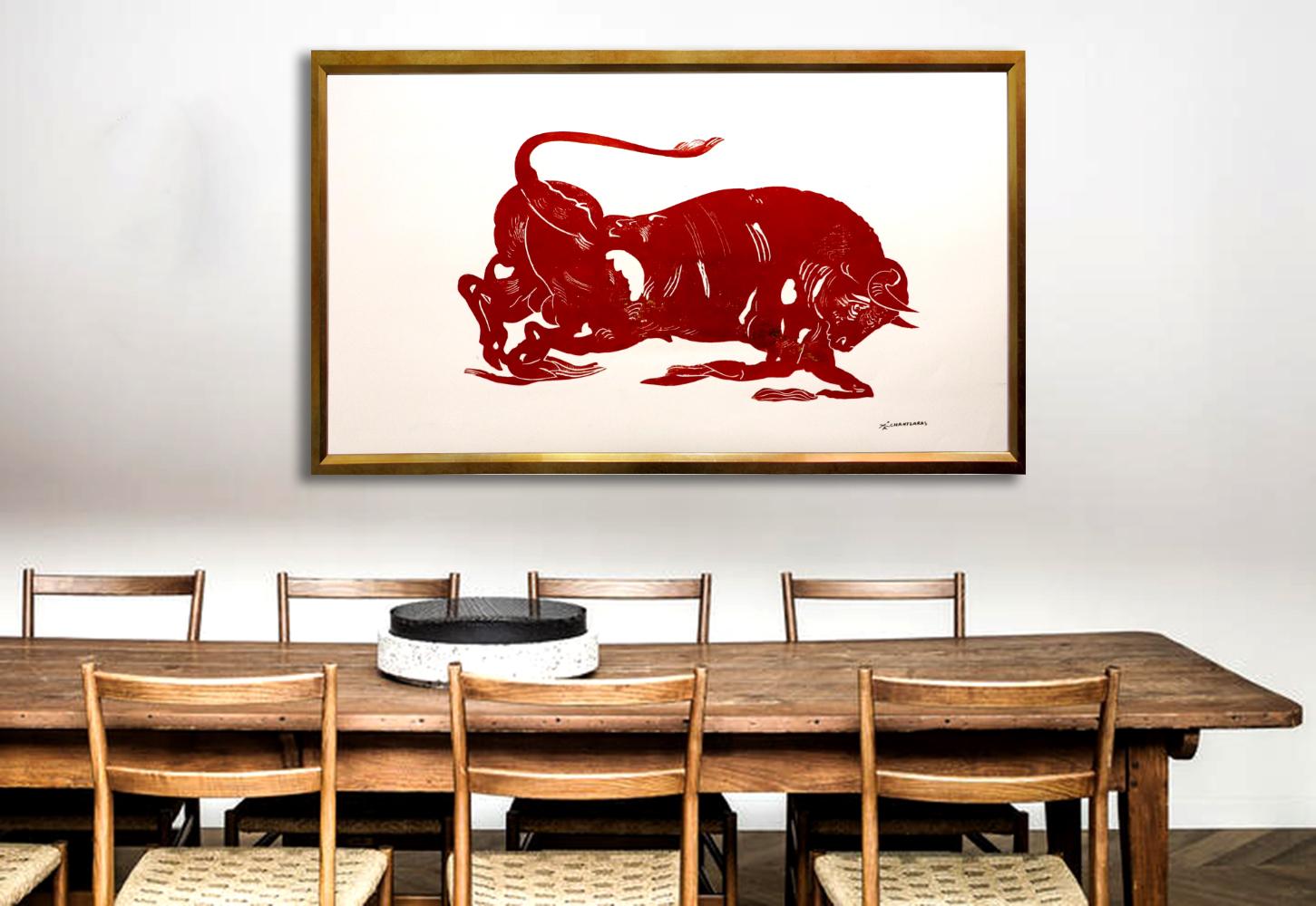 El Toro, Mythological animal, strong red bull painting on paper - Painting by Apostolos Chantzaras