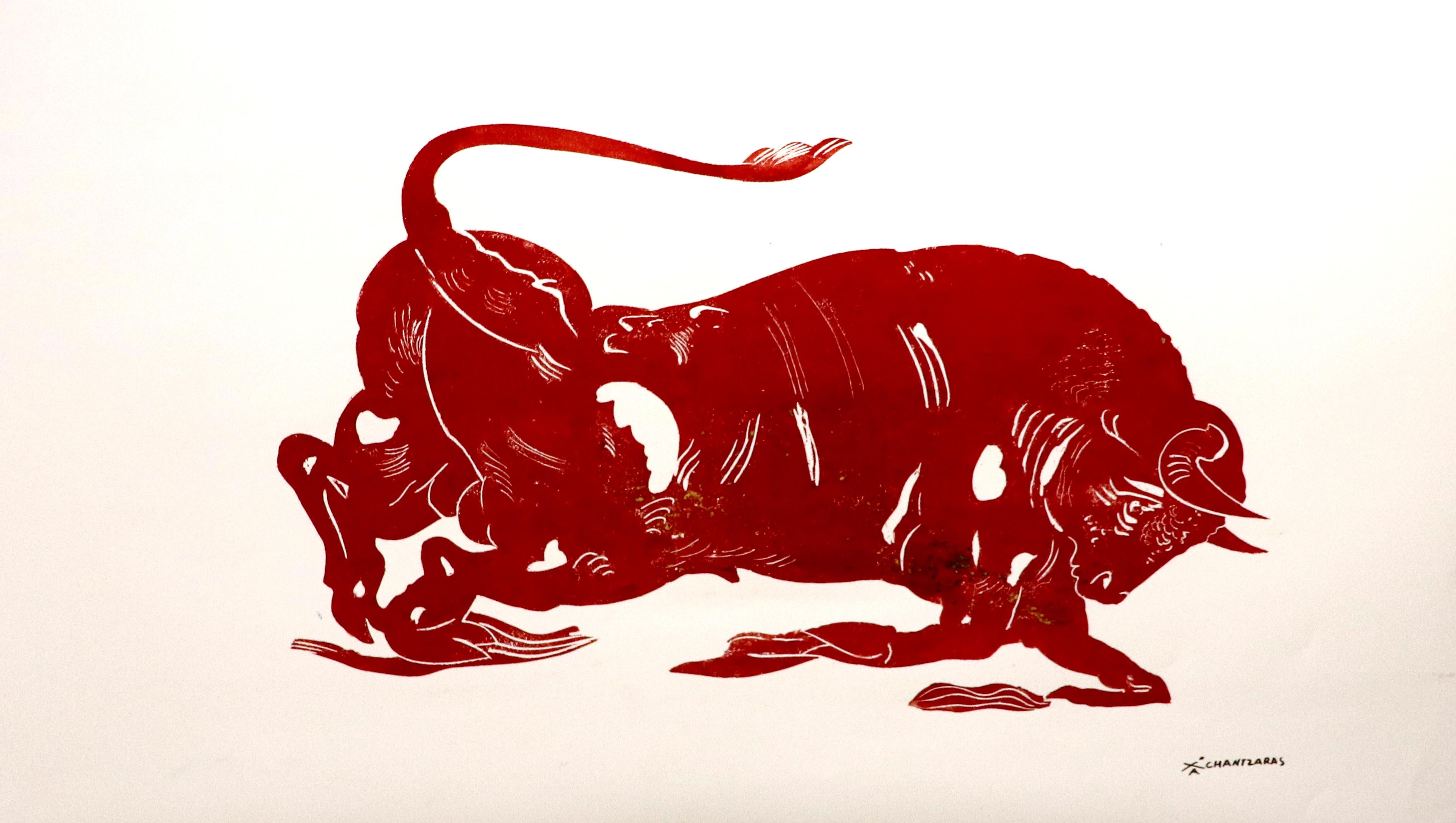Apostolos Chantzaras Figurative Painting - El Toro, Mythological animal, strong red bull painting on paper