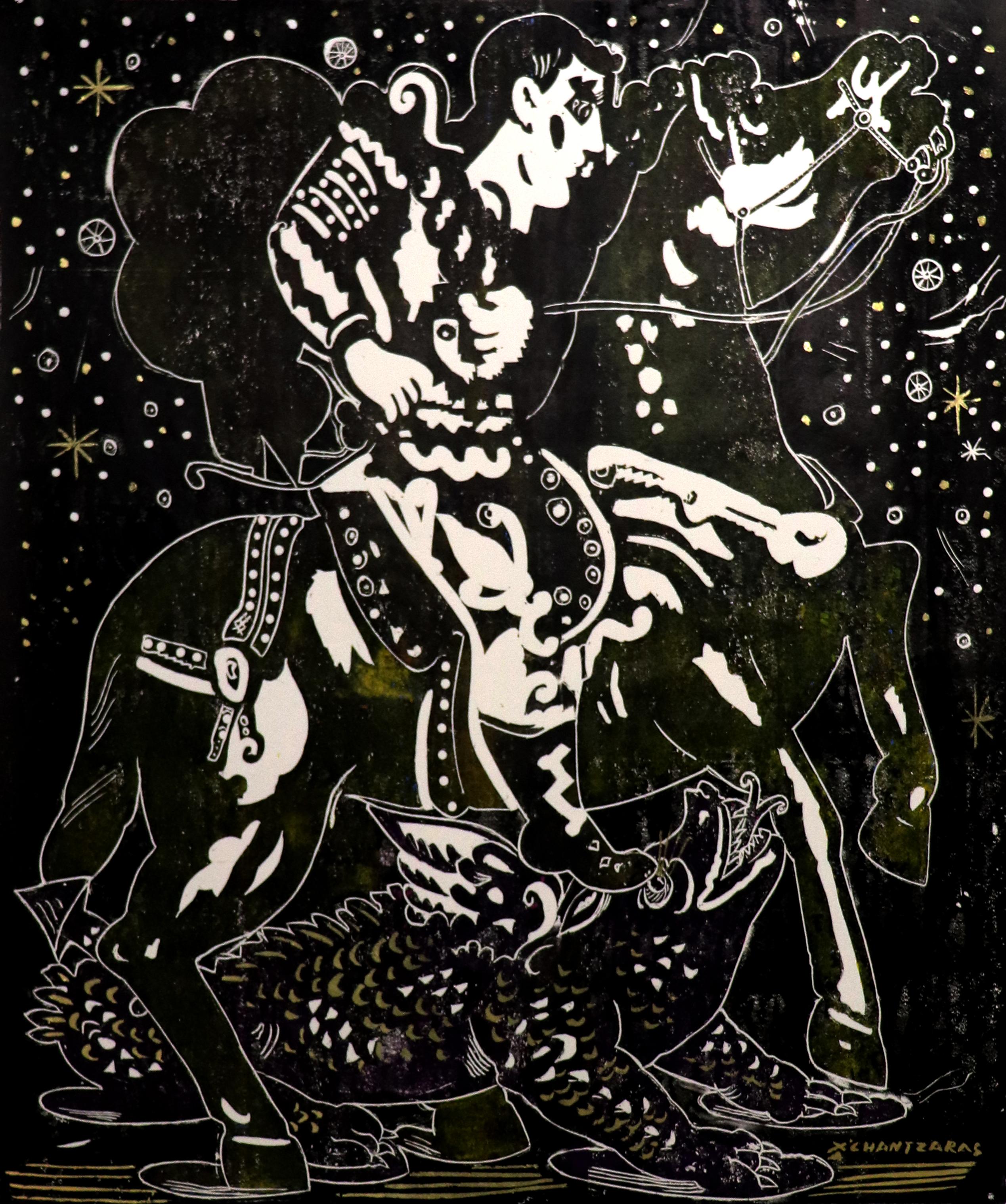 Apostolos Chantzaras Figurative Art - Exploring a Starlit Night, Mythological character painting, elegant contemporary