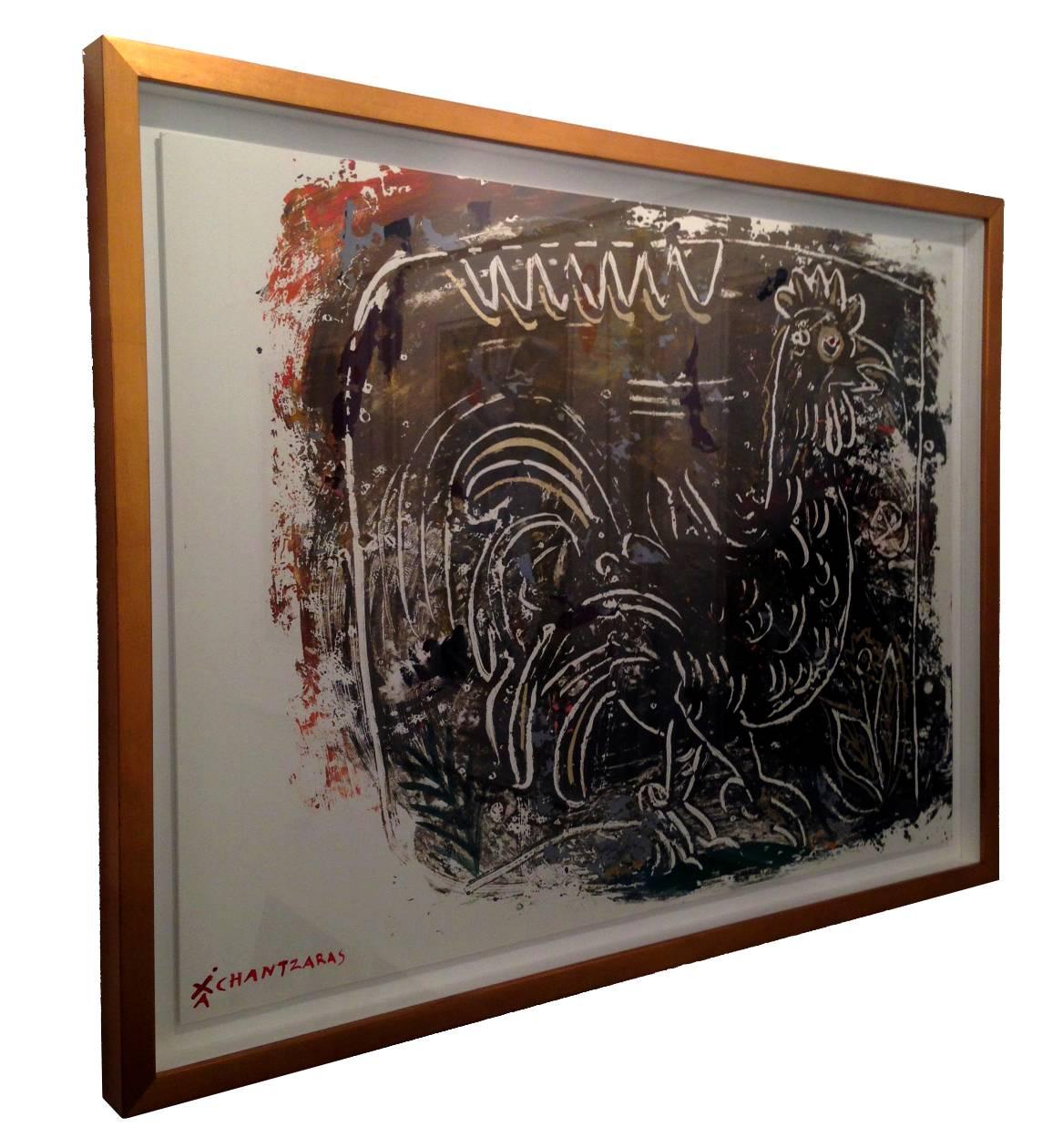 Green and Gold Rooster painting, contemporary painting custom golden box frame - Painting by Apostolos Chantzaras