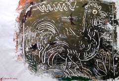 Green and Gold Rooster painting, contemporary painting custom golden box frame